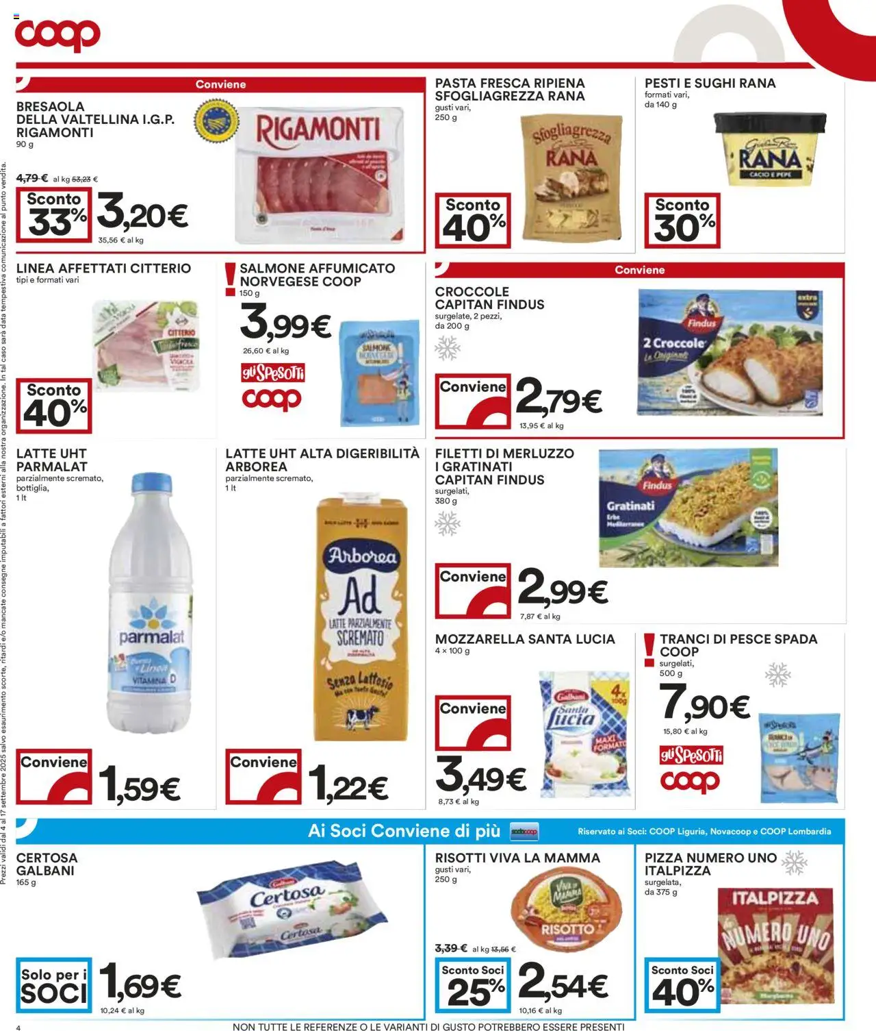 Volantino COOP del 04.09.2025 | Pagina: 4 | Prodotti: Salmone affumicato, Pizza, Latte, Pasta