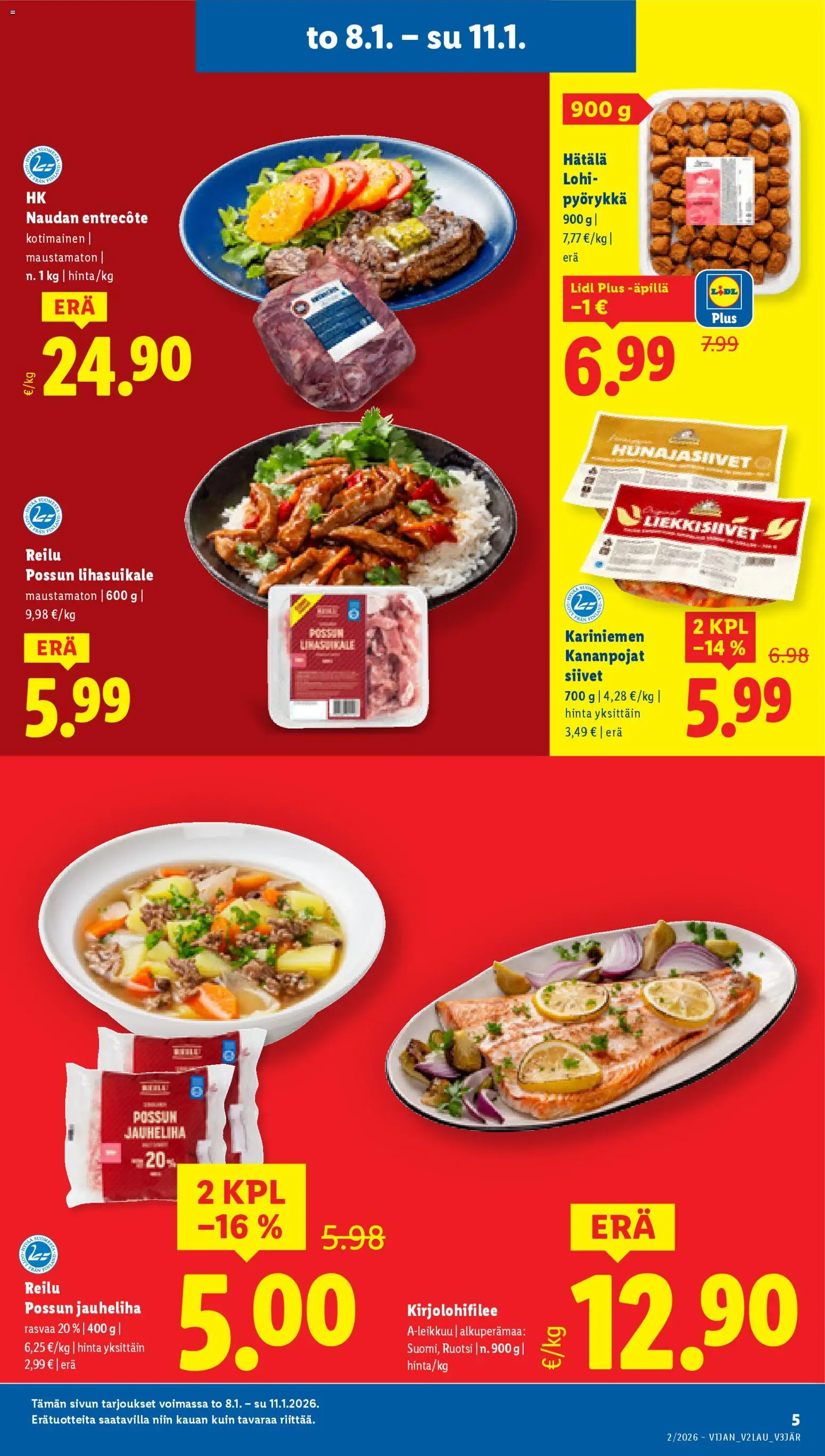 Lidl tarjoukset - Tampere – voimassa 08.01.2026 alkaen | Sivu: 5 | Tuotteet: Lohi, Jauheliha, Entrecote
