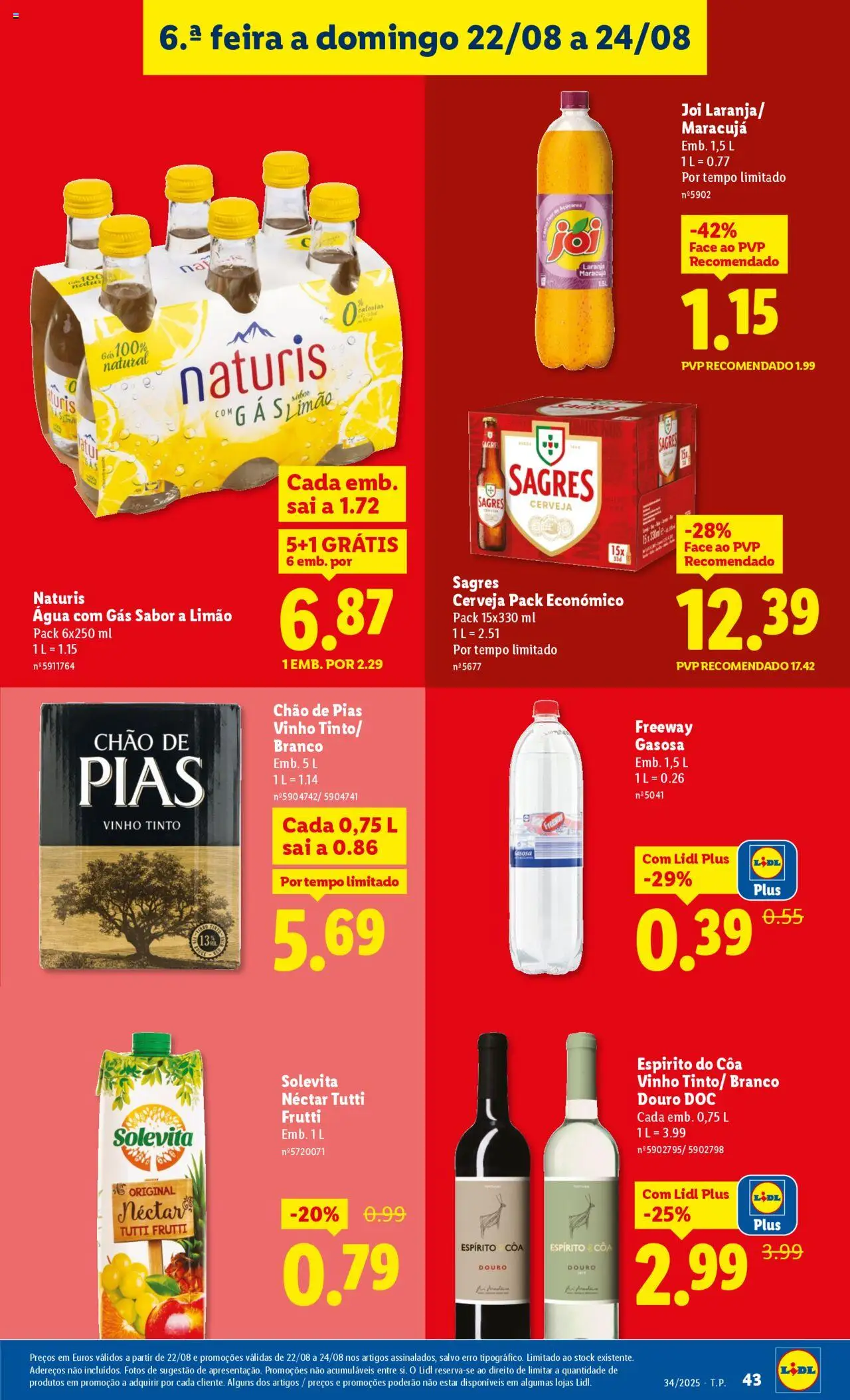 Lidl folheto │ válido de 18.08.2025 | Página: 43 | Produtos: Agua, Cerveja, Água com gás, Vinho tinto