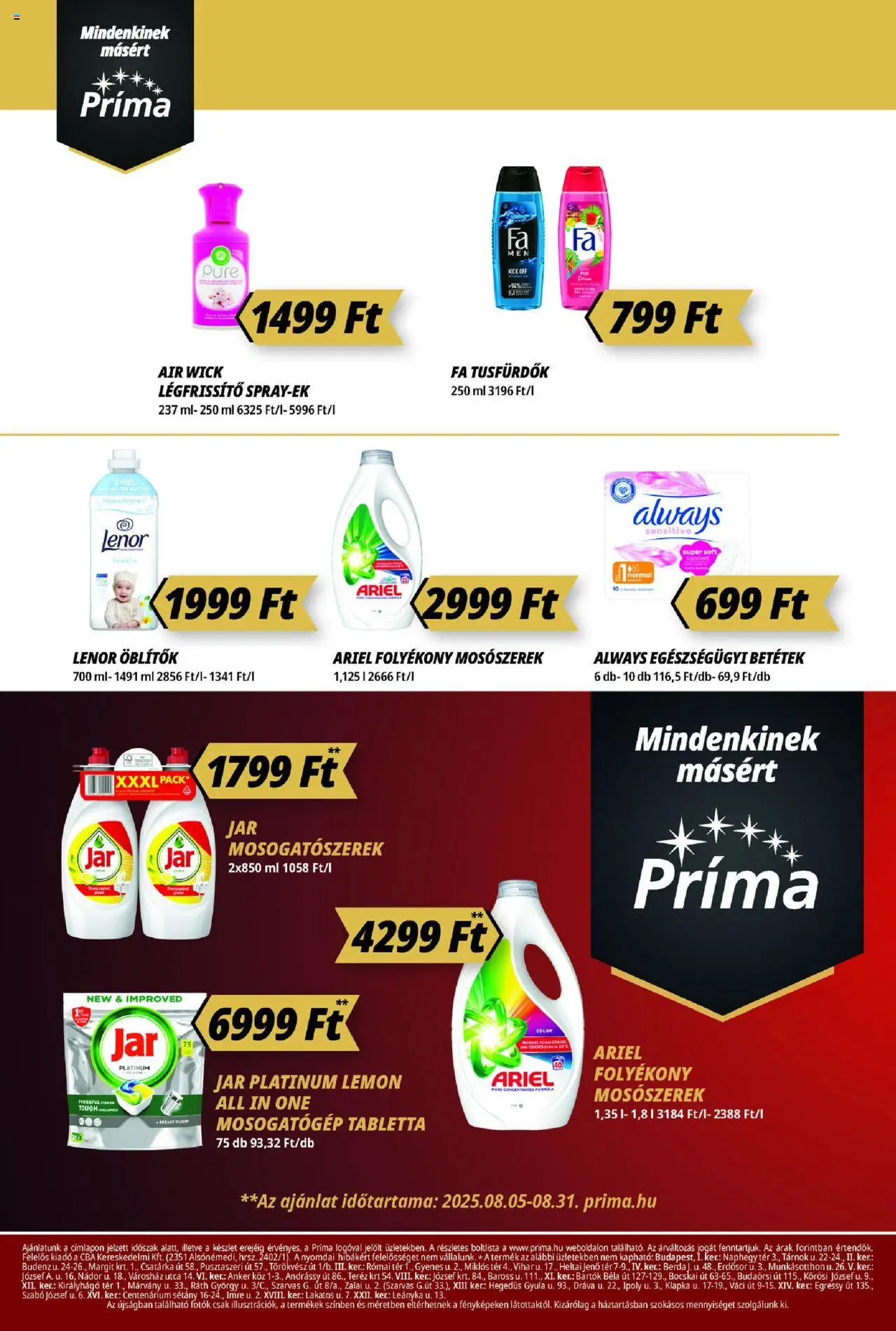 CBA Príma akciós ujság - amely érvényes a következő dátumtól: 21.08.2025 | Oldal: 12 | Termékek: Ariel, Mosogatógép, Légfrissítő, Mosogatógép tabletta