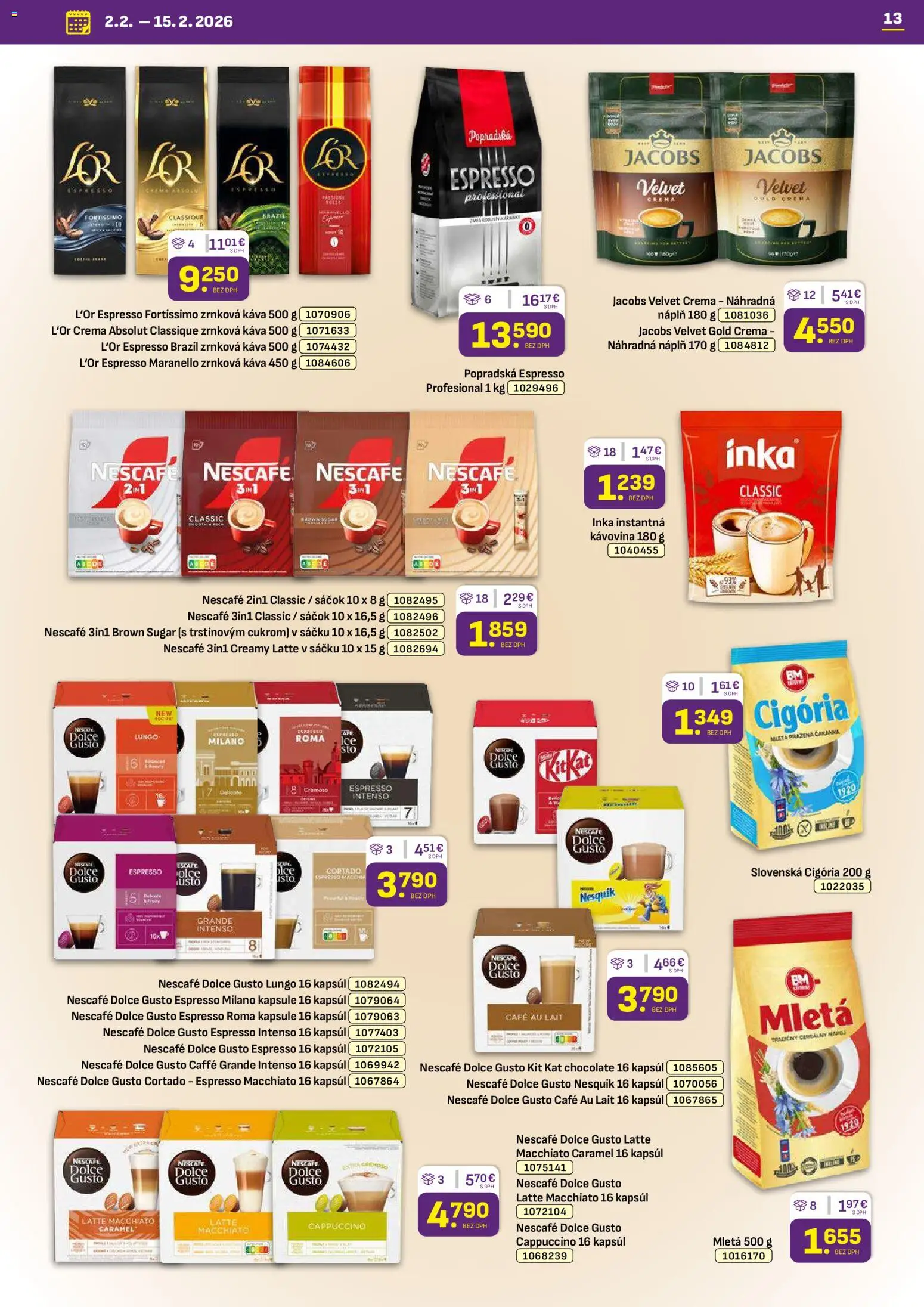 Nové Libex akcie – leták je platný od 02.02.2026 | Strana: 13 | Produkty: Dolce Gusto, Jacobs Velvet, Káva, Zrnková káva