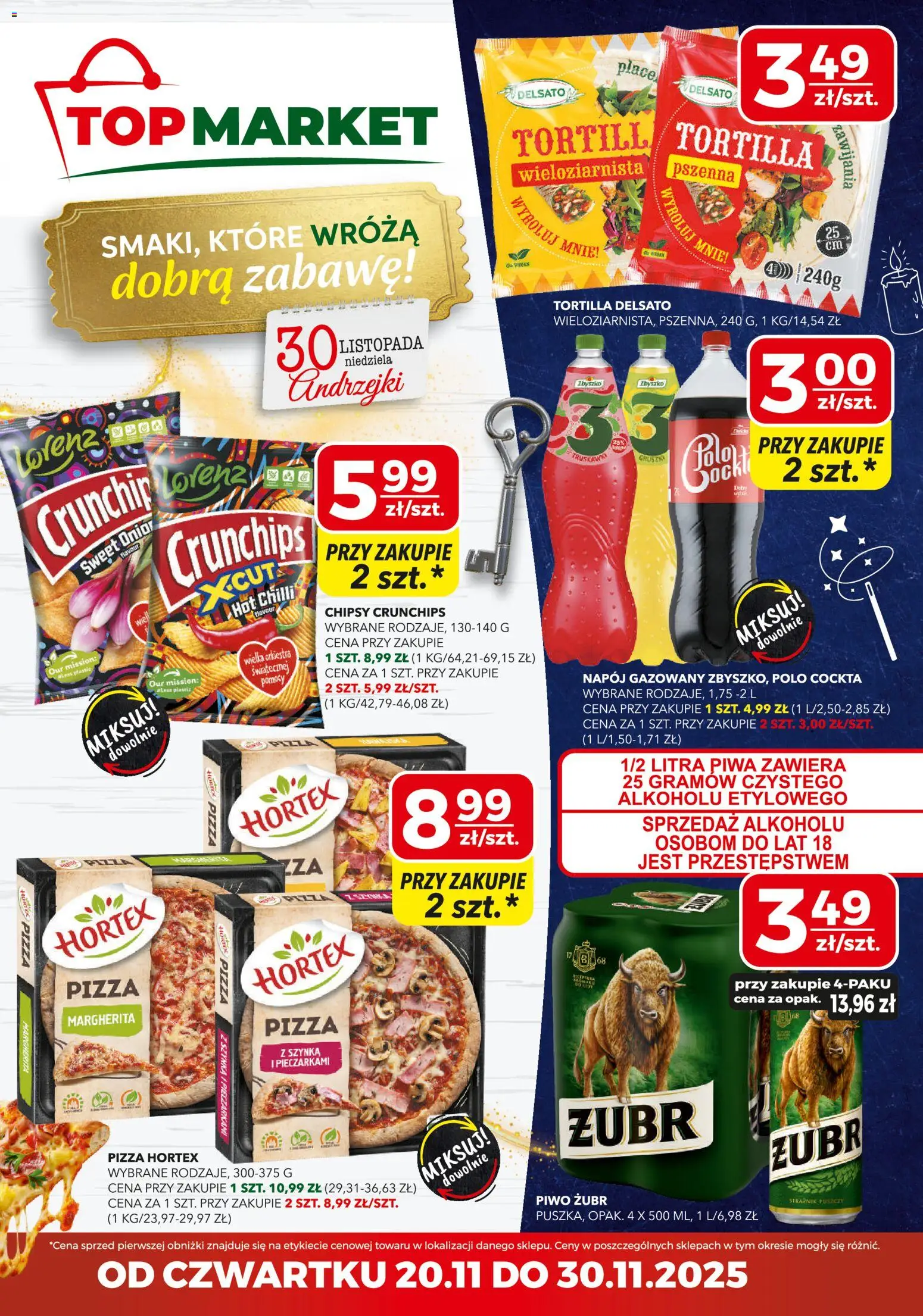 Top Market Gazetka mini od 20.11.2025 | Strona: 1 | Produkty: Chipsy, Szynka, Tortilla, Piwo