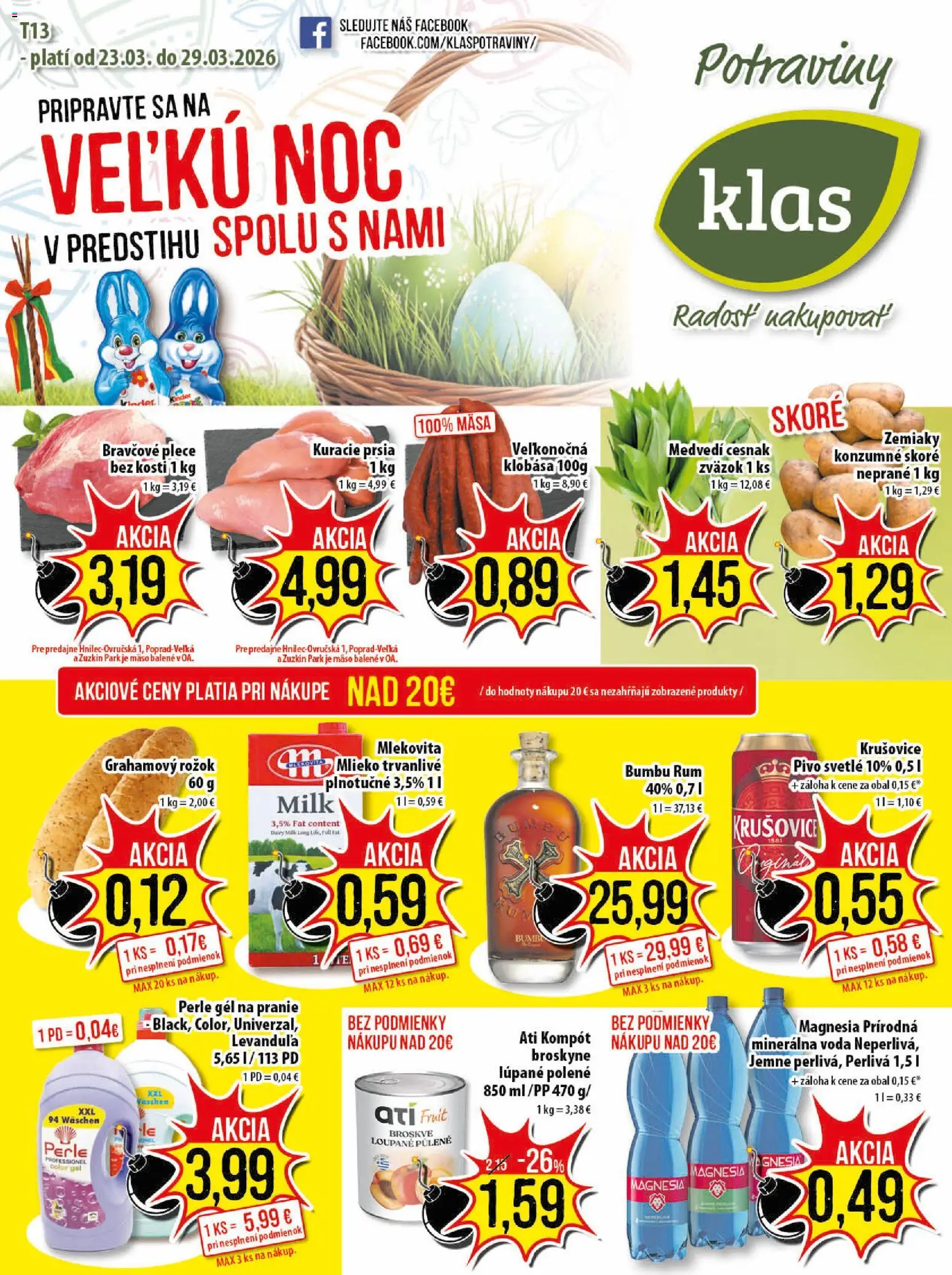 Nové Klas akcie – leták je platný od 23.03.2026 | Strana: 1 | Produkty: Cesnak, Voda, Rum, Broskyne