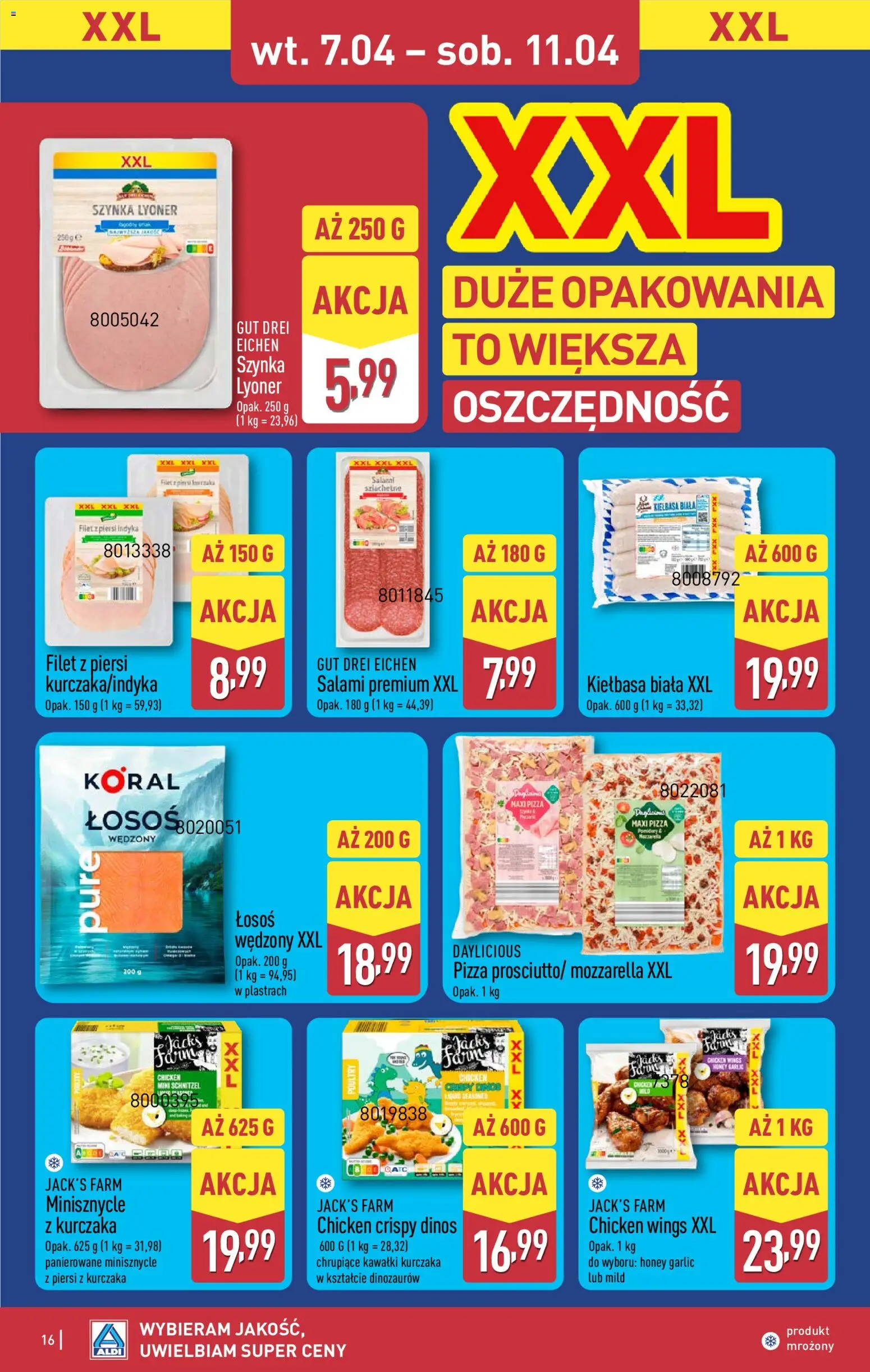 Aldi gazetka od 07.04.2026 | Strona: 16 | Produkty: Łosoś wędzony, Łosoś, Salami, Mozzarella