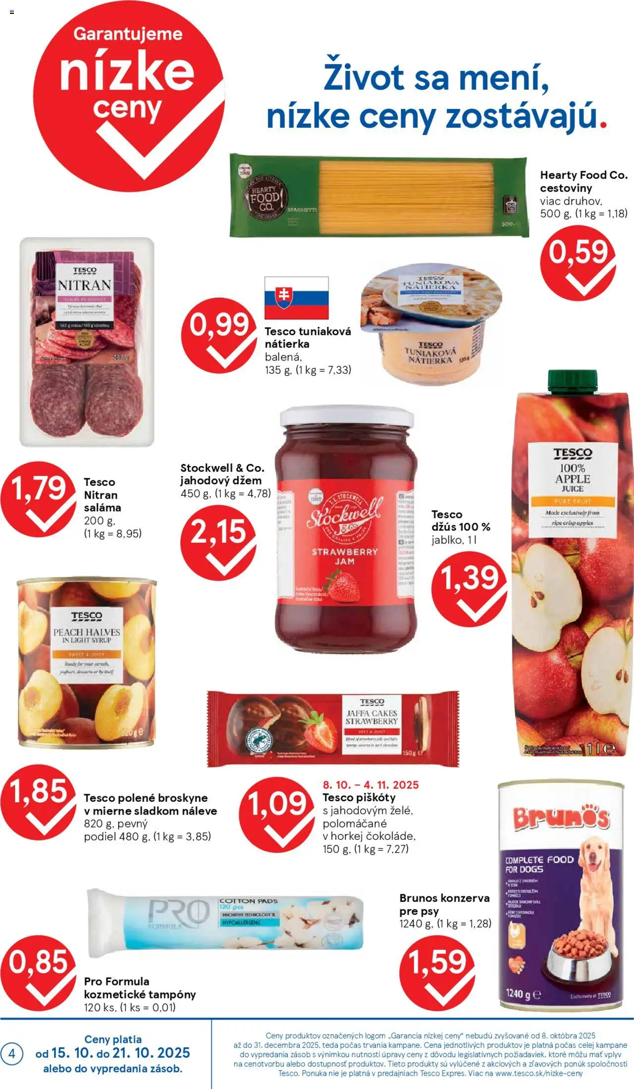 Nové Tesco akcie – leták je platný od 15.10.2025 | Strana: 4 | Produkty: Saláma, Džús, Cestoviny, Apple