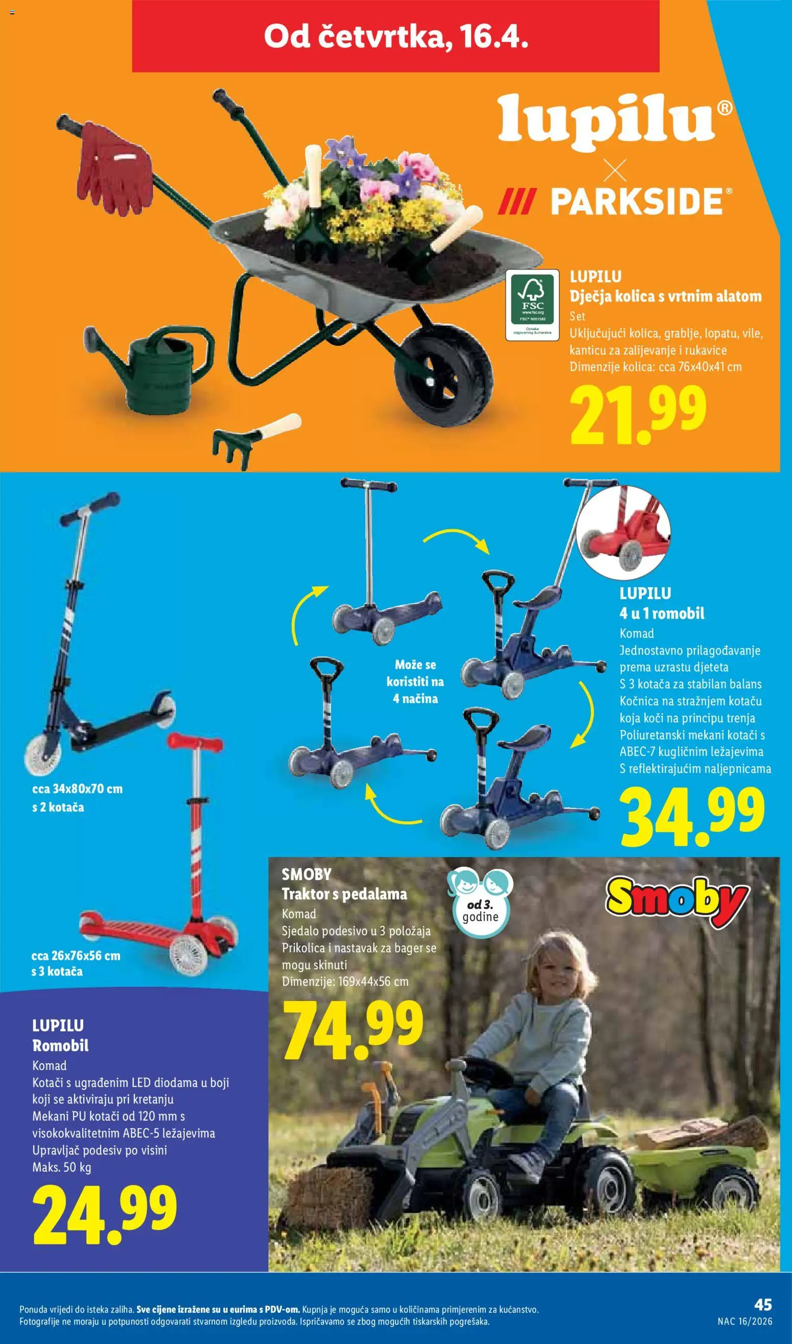 Lidl katalog | vrijedi od 13.04.2026 | Stranica: 45 | Proizvodi: Romobil, Kolica, Rukavice, Traktor