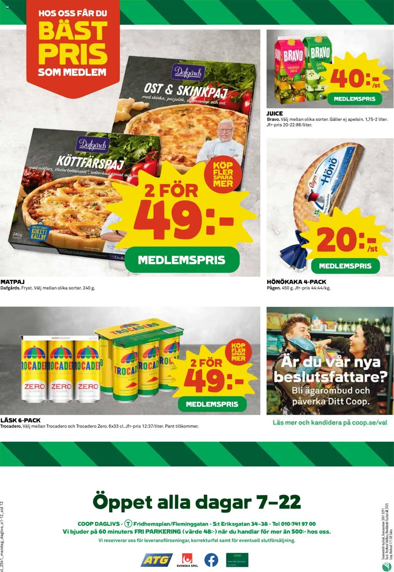 Coop Daglivs reklamblad aktuell från 06.10.2025 | Sida: 12 | Produkter: Galler, Ost, Juice, Spel