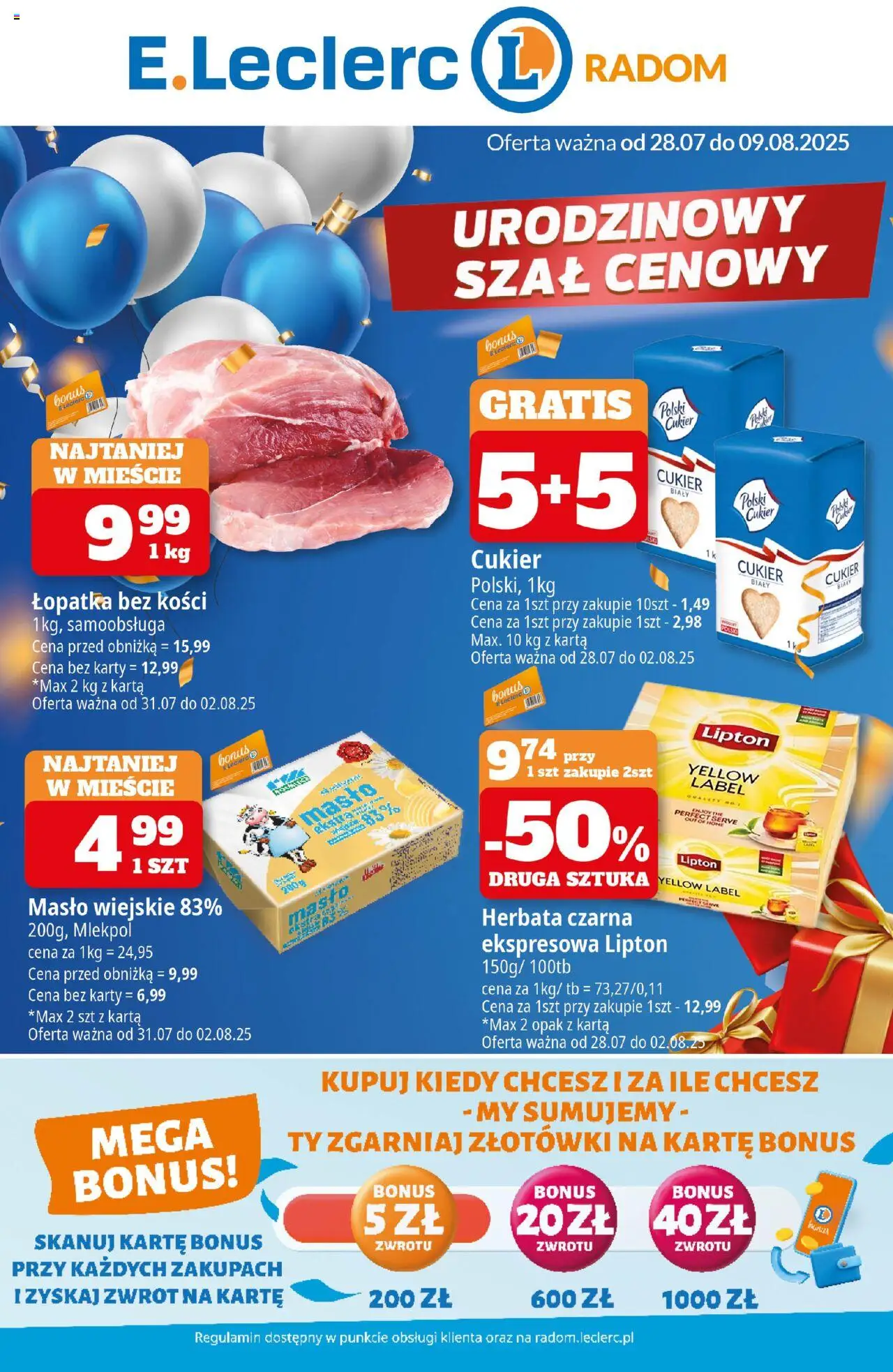 E.Leclerc Gazetka - Radom od 28.07.2025 | Strona: 1 | Produkty: Karta, Masło, Herbata, Cukier