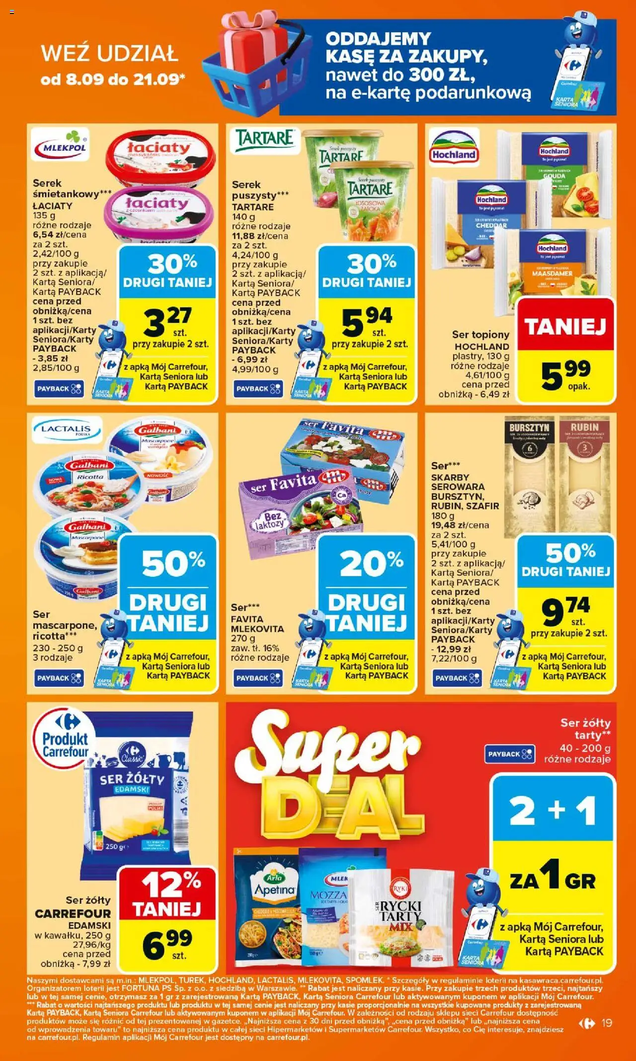 Carrefour Gazetka od 15.09.2025 | Strona: 19 | Produkty: Karta, Ser topiony, Ser favita, Mozzarella