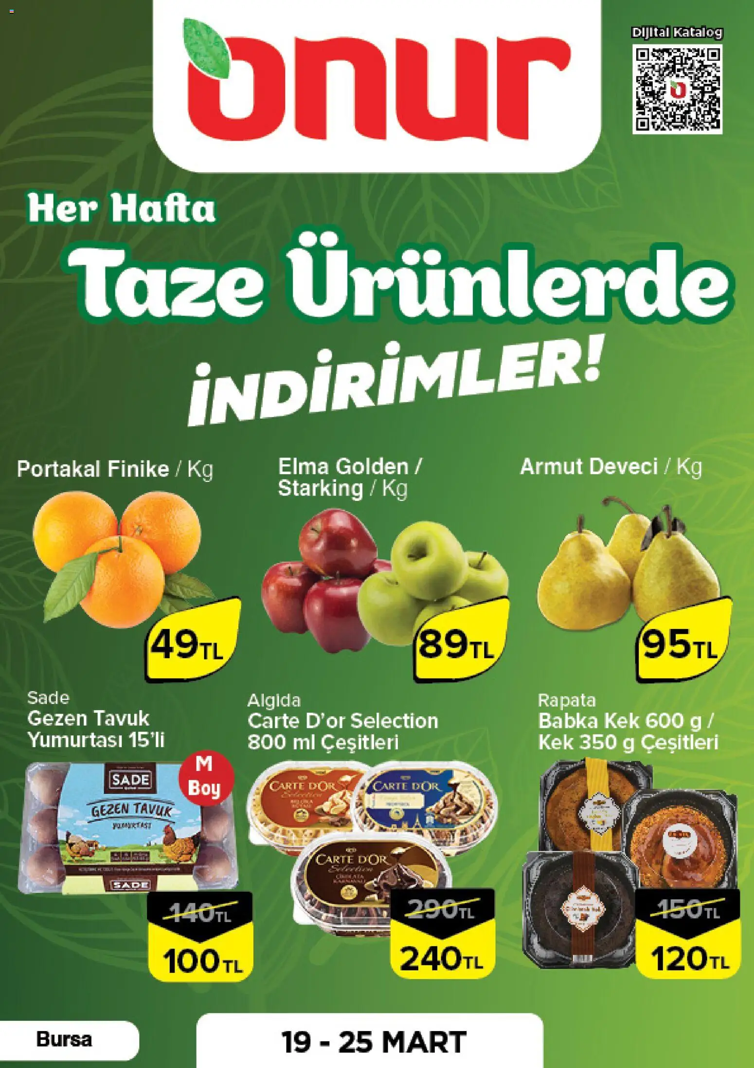 Onur Market - Taze Ürünlerde İndirimler - Bursa - 19.03.2026 tarihinden itibaren geçerlidir | Sayfa: 1 | Ürünler: Elma, Portakal, Armut