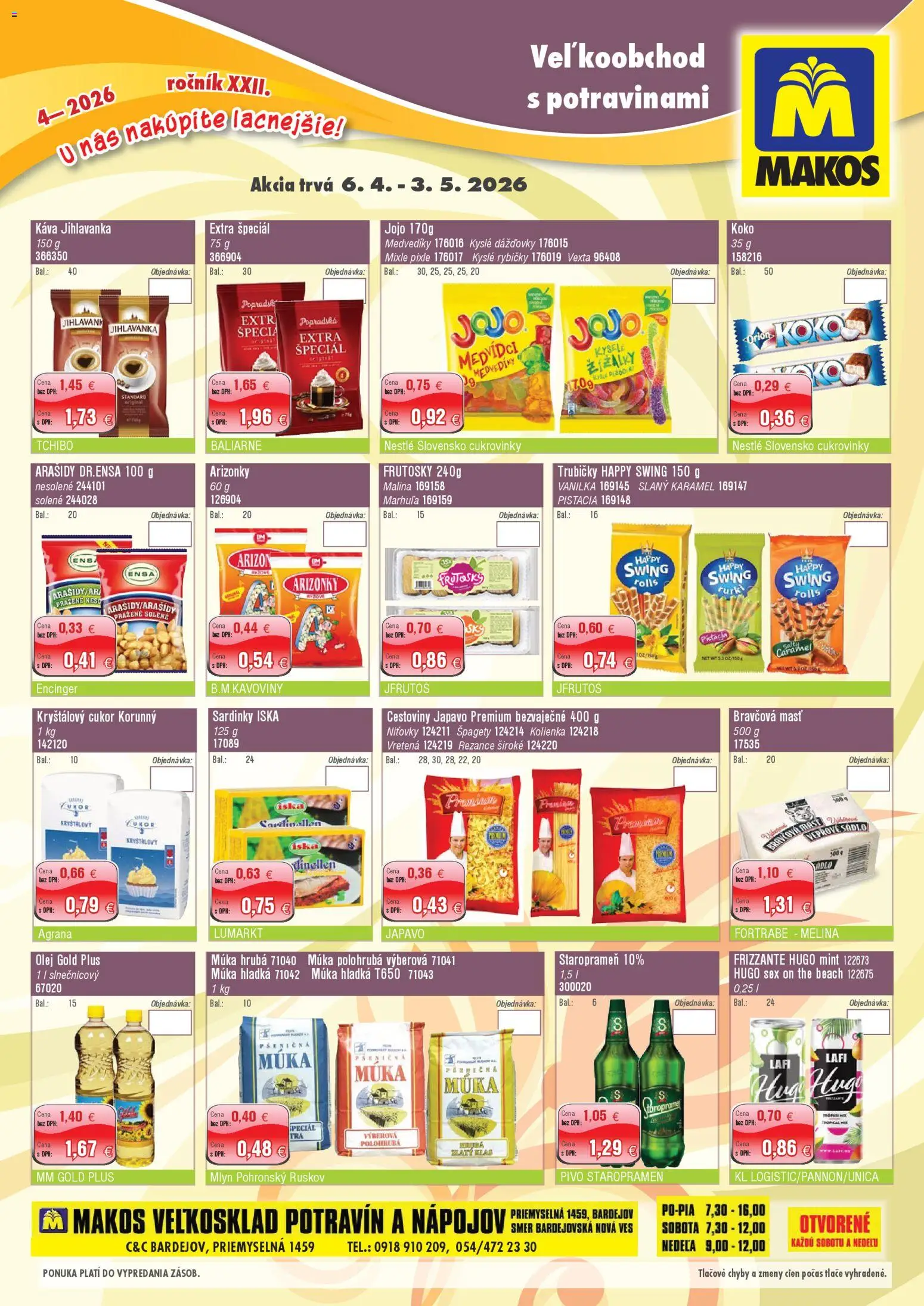 Nové Makos akcie – leták je platný od 06.04.2026 | Strana: 1 | Produkty: Káva, Pšeničná múka, Kryštálový cukor, Arašidy