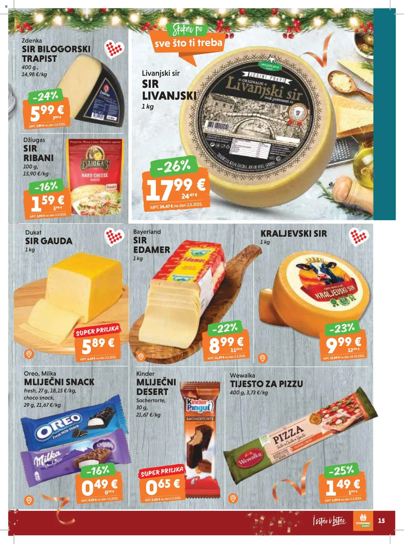 Studenac katalog | vrijedi od 26.12.2025 | Stranica: 15 | Proizvodi: Sir, Džiugas, Tijesto za pizzu, Milka