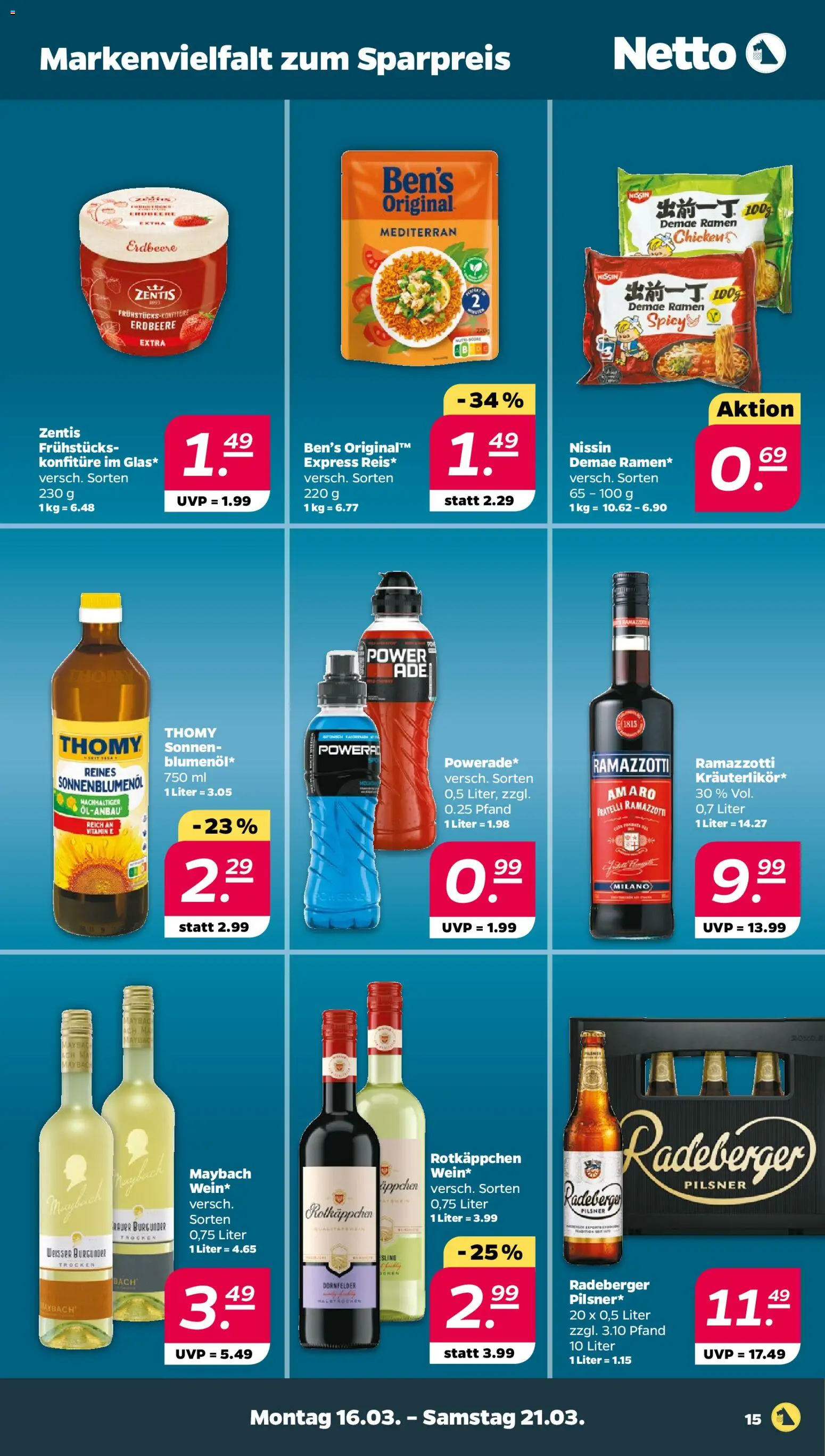 Netto Prospekt 	 – gültig ab 16.03.2026 | Seite: 15 | Produkte: Sonnenblumenol, Rotkäppchen, Radeberger pilsner, Ramazzotti