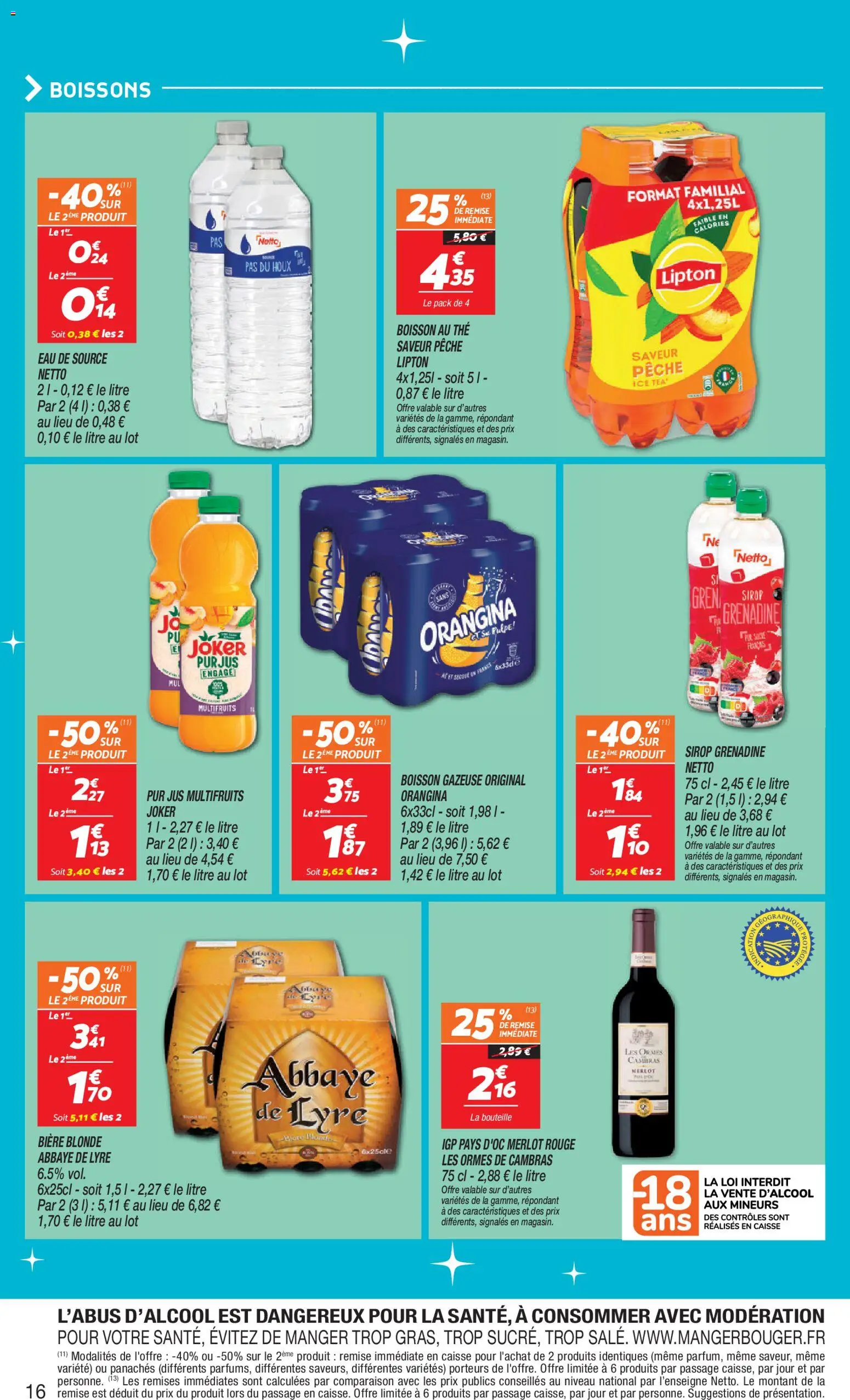 {H1} | Page: 16 | Produits: Pêche, Eau de source, Jus, Thé