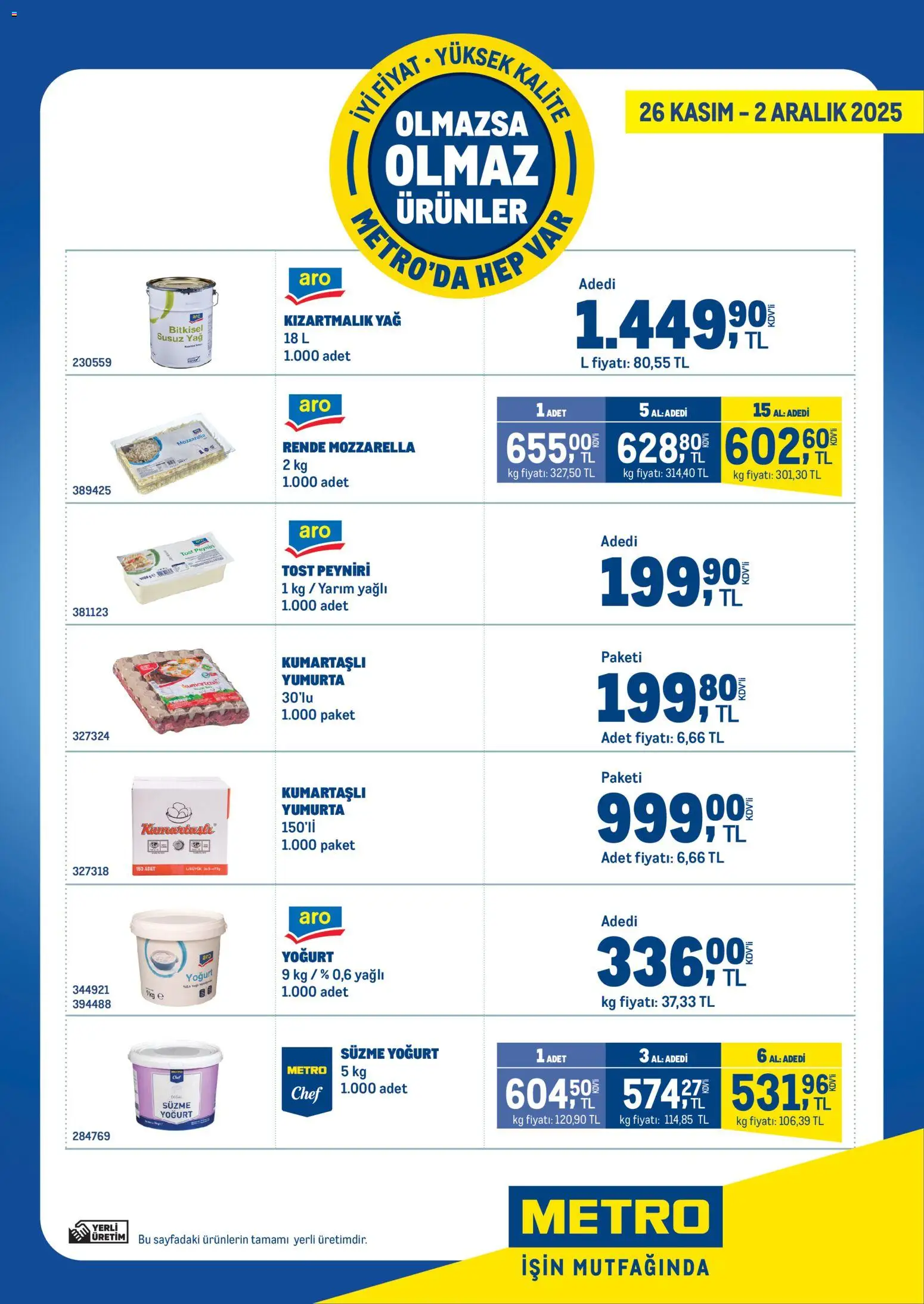 Metro - Olmazsa Olmaz Ürünler - 26.11.2025 tarihinden itibaren geçerlidir | Sayfa: 1 | Ürünler: Yoğurt, Yumurta, Rende, Yağ