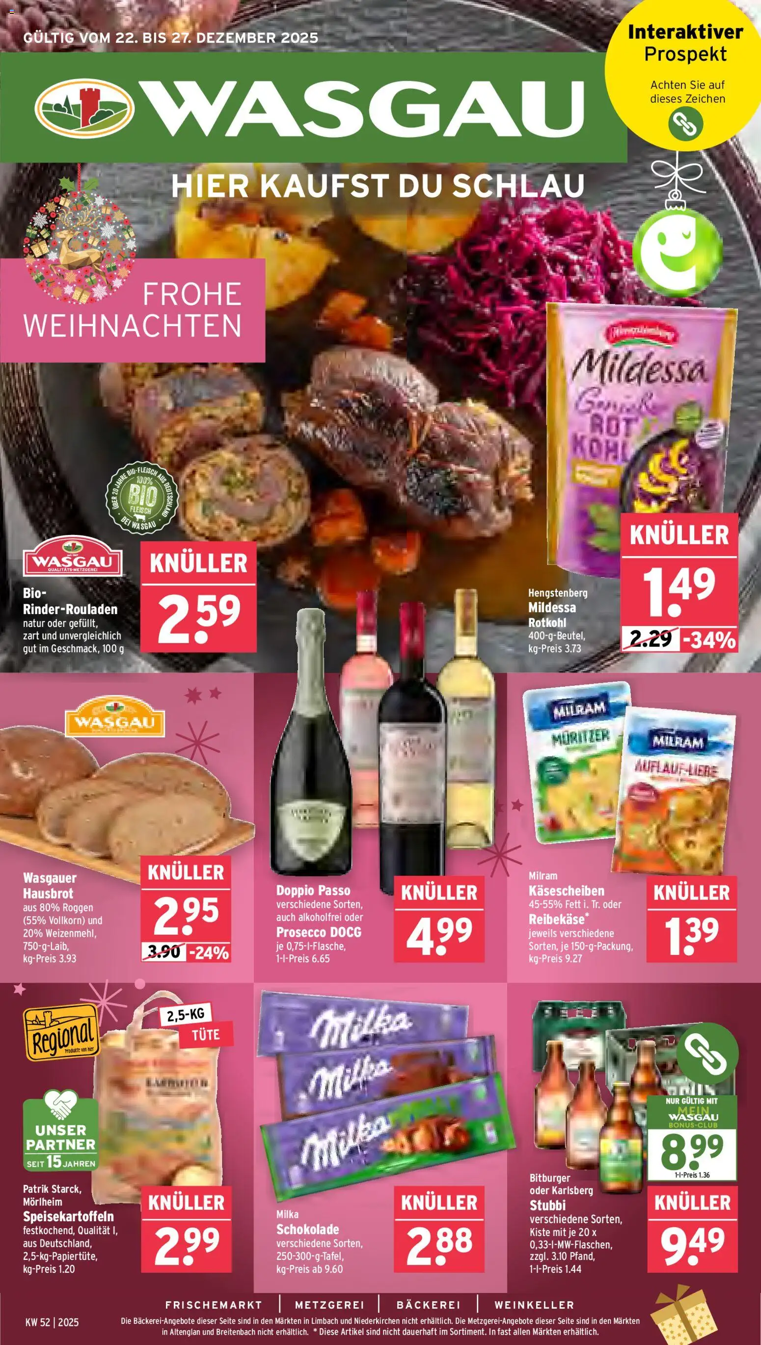 Wasgau Prospekt 	 – gültig ab 22.12.2025 | Seite: 1 | Produkte: Rinderrouladen, Bitburger, Schokolade, Fleisch