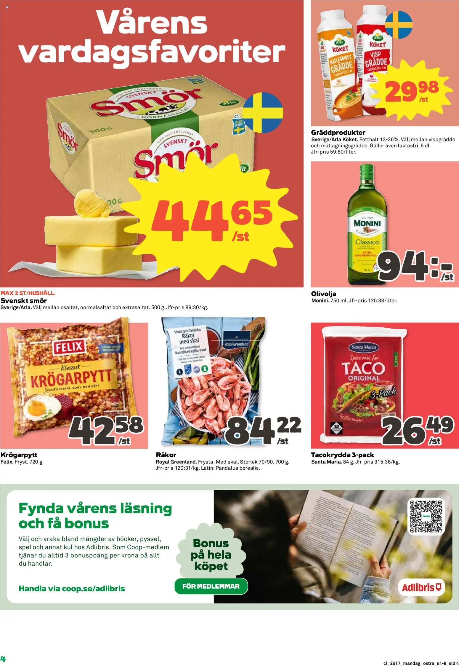 Coop Daglivs reklamblad aktuell från 20.04.2026 | Sida: 4 | Produkter: Visp, Räkor, Tacokrydda, Grädde