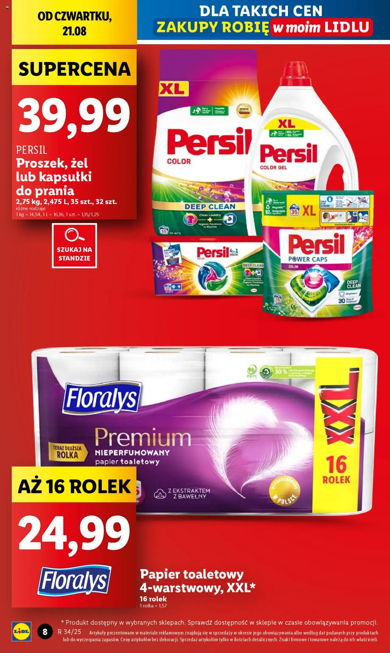 Lidl Gazetka od 21.08.2025 | Strona: 8 | Produkty: Papier toaletowy, Persil, Kapsułki do prania, Detergent