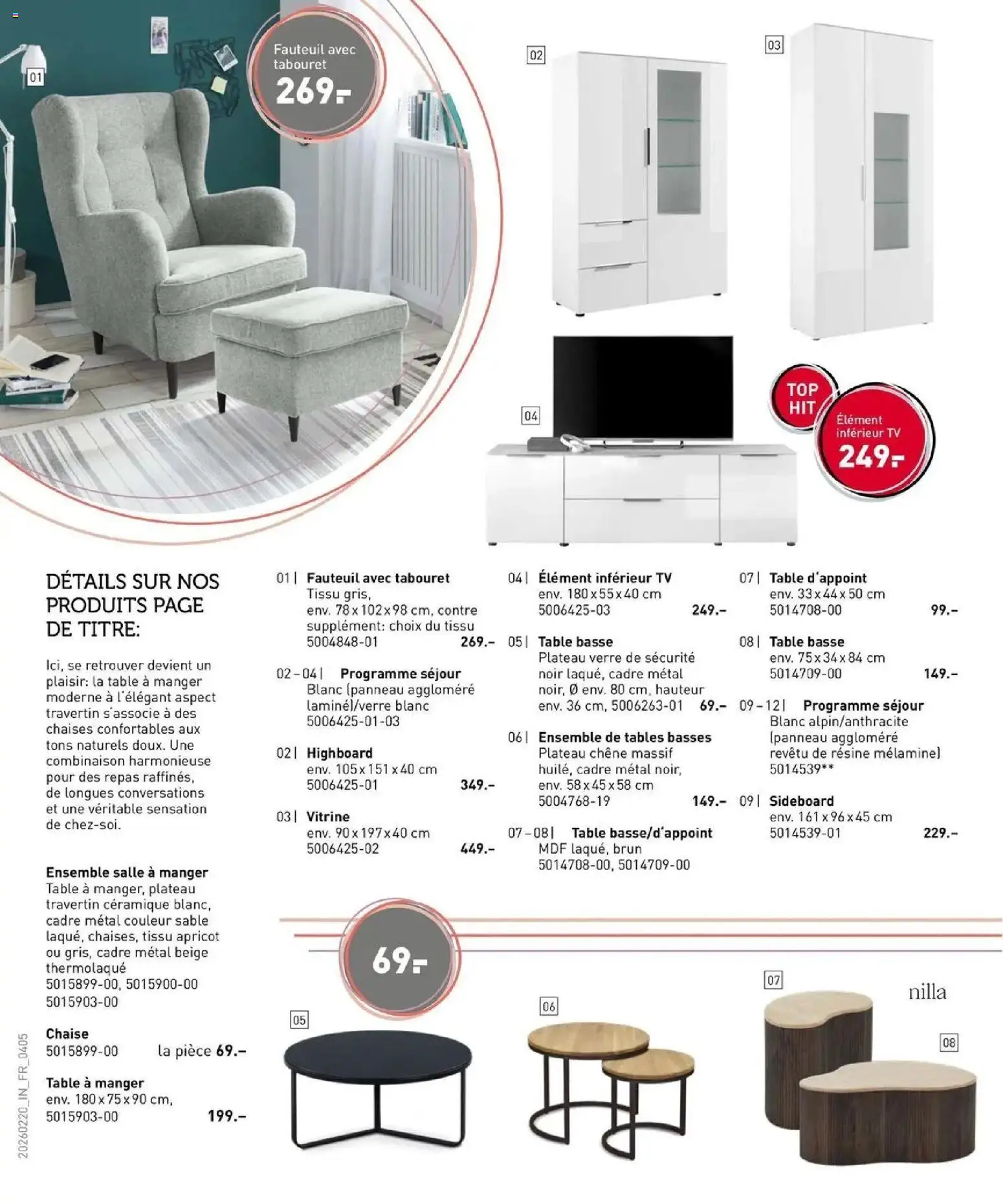 {H1} | Page: 4 | Produits: Table basse, Table, Chaise, Combinaison