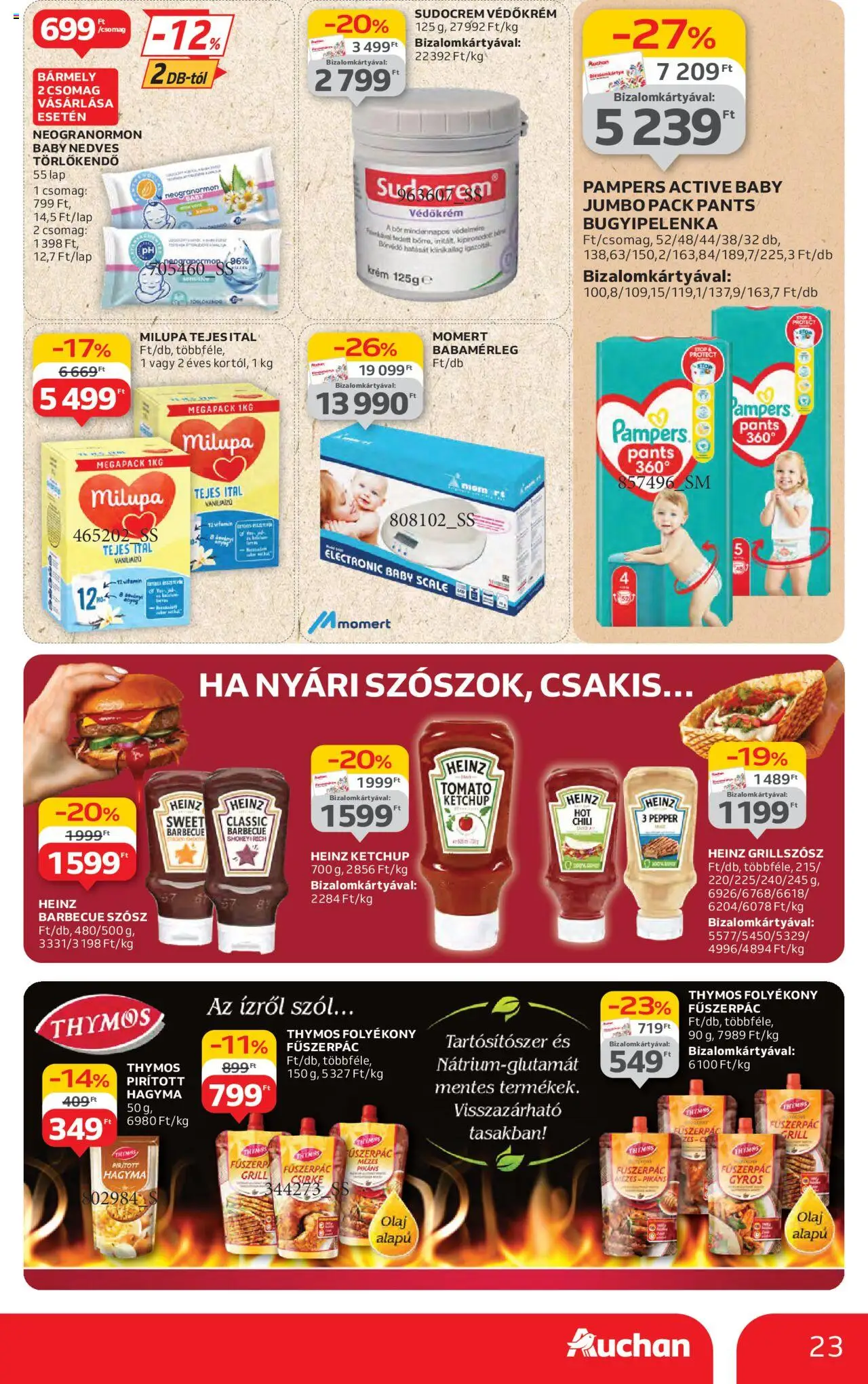 Auchan akciós ujság - amely érvényes a következő dátumtól: 19.06.2025 | Oldal: 23 | Termékek: Pampers, Fűszerpác, Nedves törlőkendő, Szósz