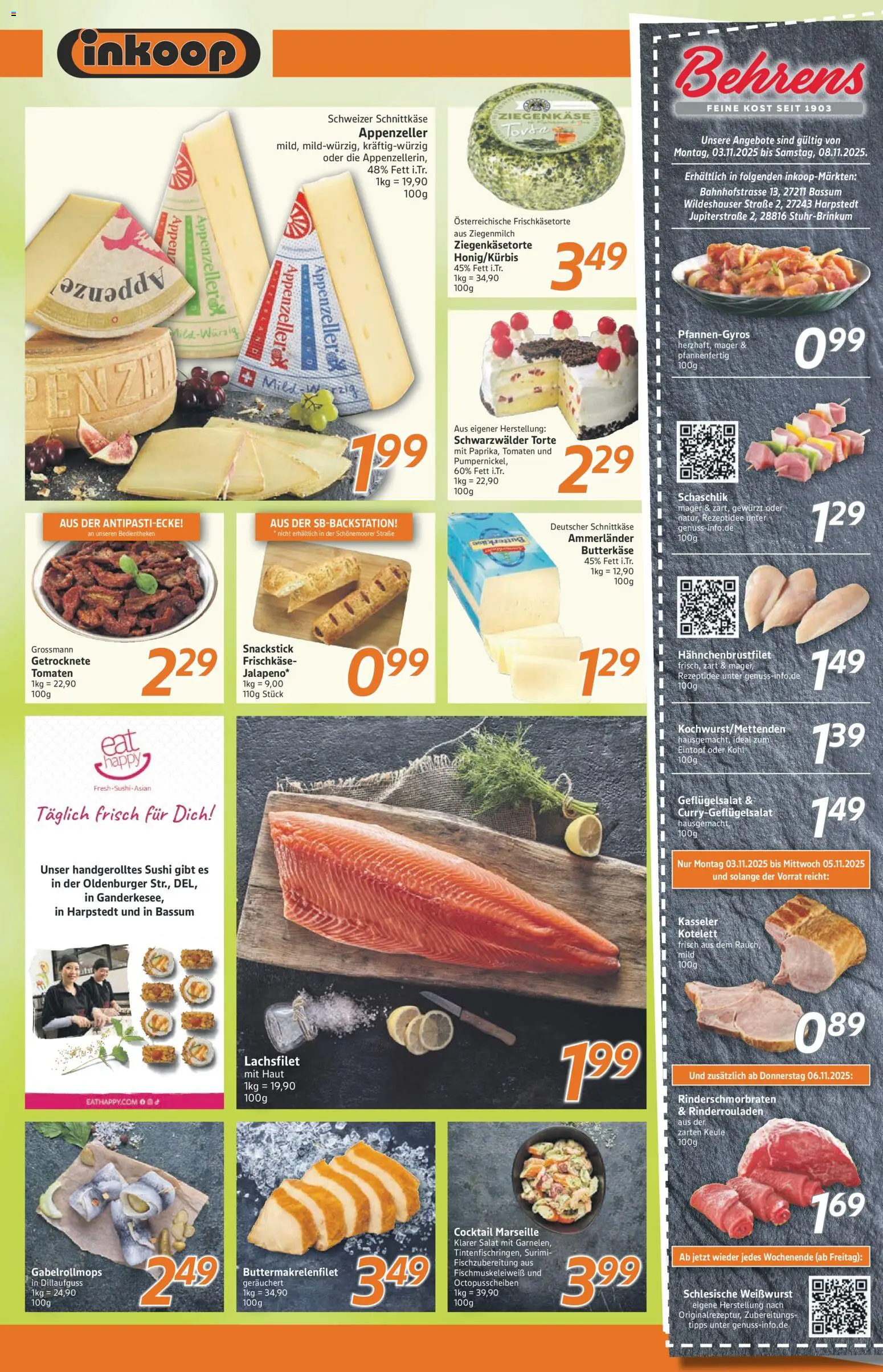 Inkoop Prospekt 	 – gültig ab 03.11.2025 | Seite: 4 | Produkte: Rinderrouladen, Ziegenkäse, Weißwurst, Frischkase