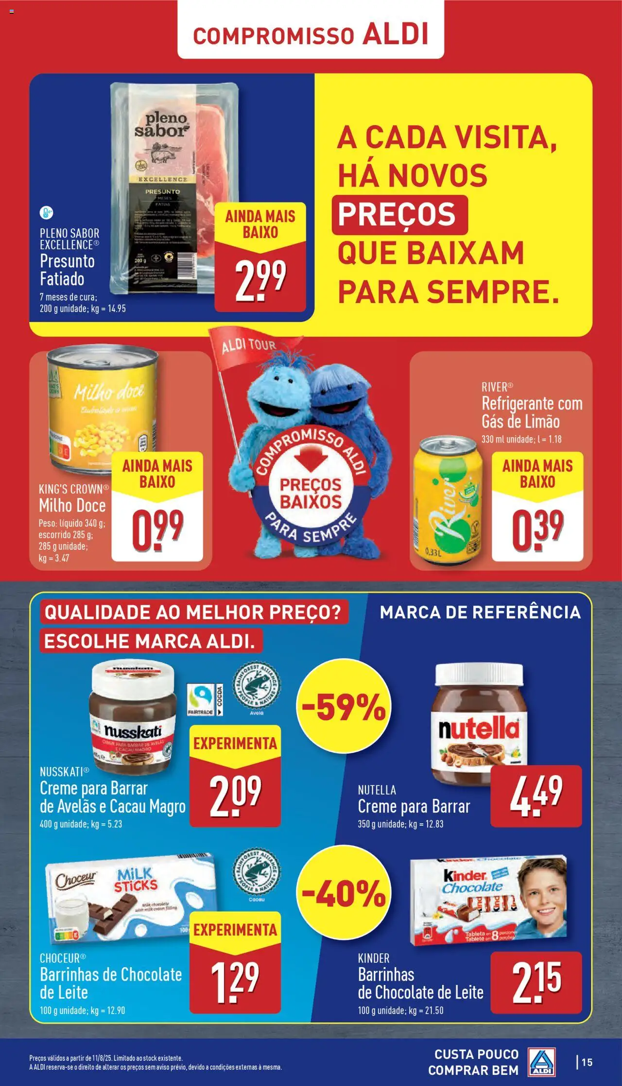 Aldi folheto │ válido de 11.08.2025 | Página: 15 | Produtos: Leite, Chocolate, Presunto, Milho