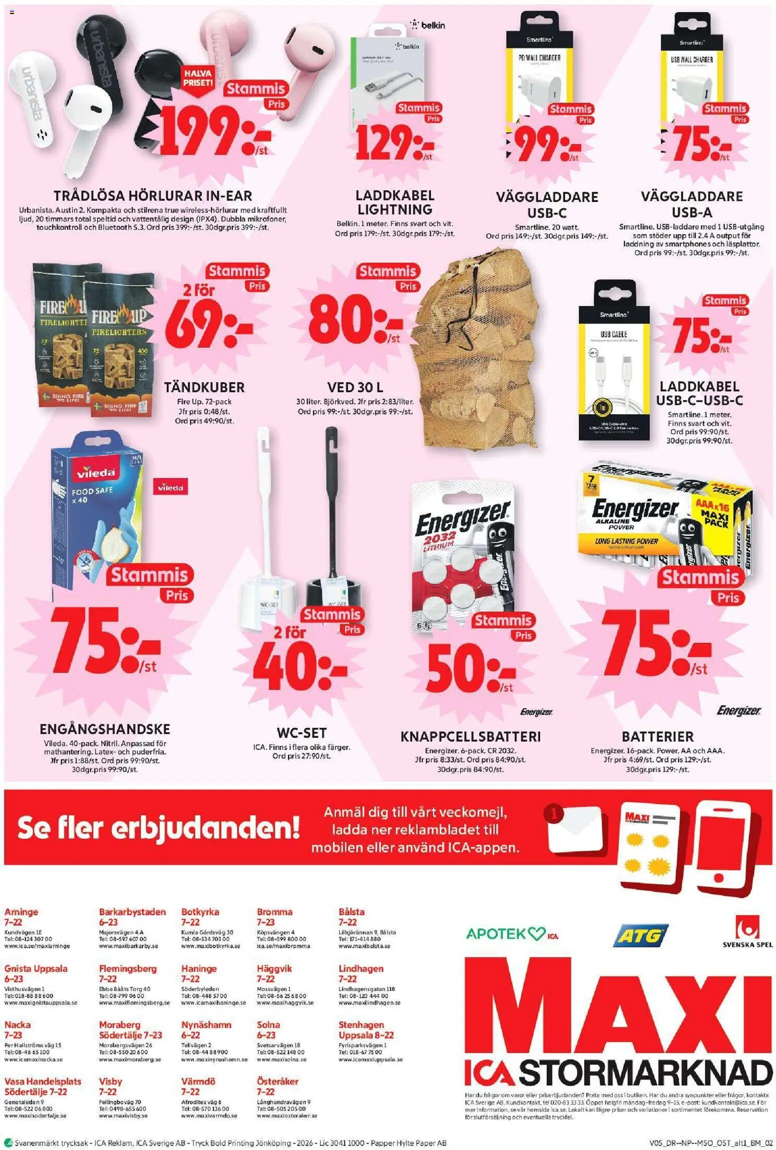 ICA Maxi reklamblad aktuell från 26.01.2026 | Sida: 15 | Produkter: Batterier, Papper, Hörlurar, Väggladdare