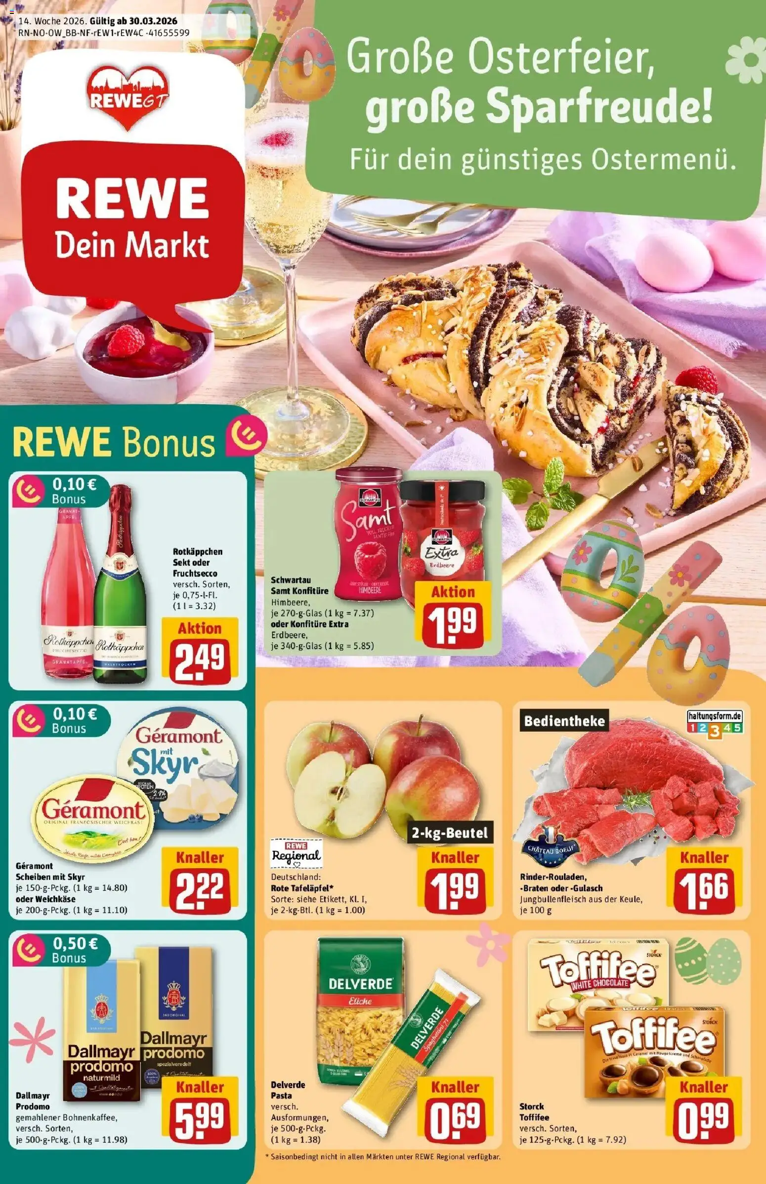 Rewe Prospekt Gütersloh	 – gültig ab 30.03.2026 | Seite: 1 | Produkte: Schwartau samt, Sekt, Skyr, Fruchtsecco