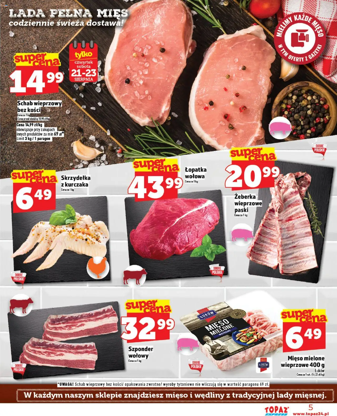 Topaz Gazetka - Express od 21.08.2025 | Strona: 5 | Produkty: Schab, Mięso, Schab wieprzowy, Schab wieprzowy bez kości