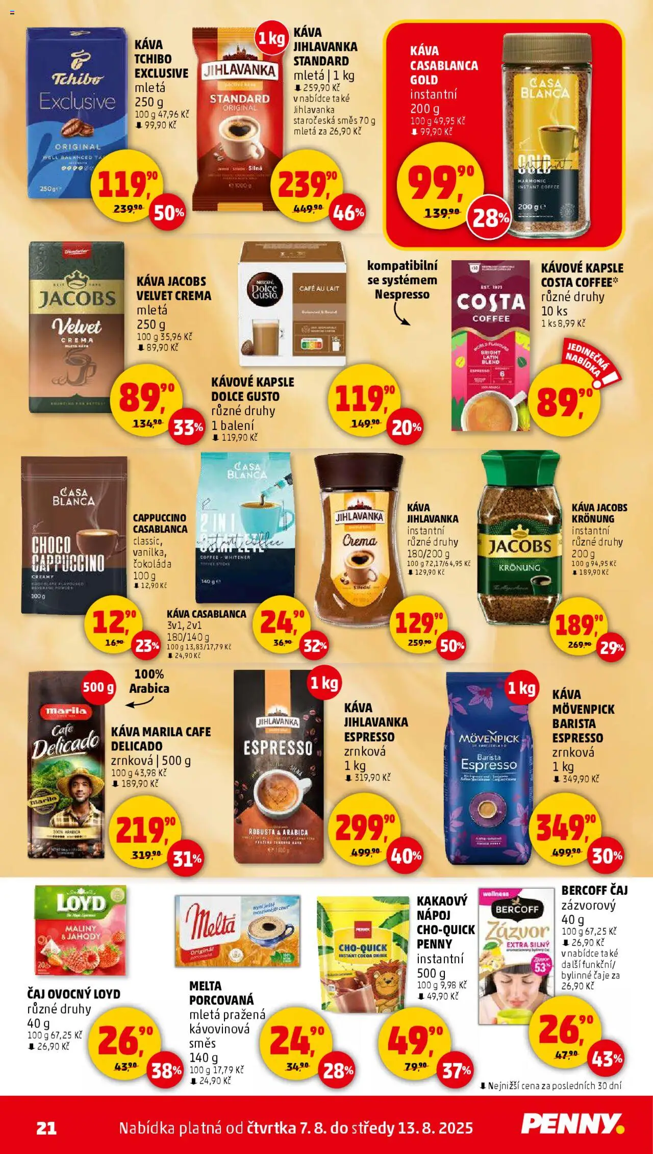 Penny Market leták - Čtvrtečník od 07.08.2025 | Strana: 21 | Produkty: Čokoláda, Káva Mövenpick, Kapsle Dolce Gusto, Jacobs velvet