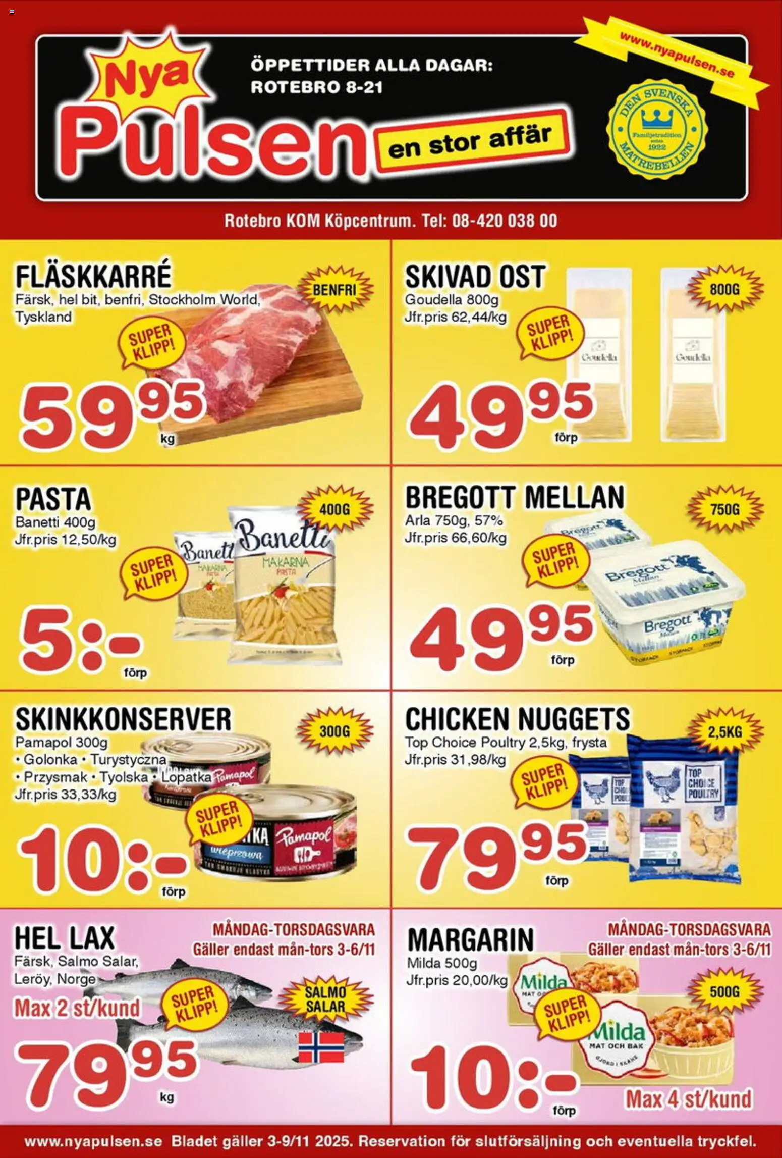 Nya Pulsen reklamblad aktuell från 03.11.2025 | Sida: 1 | Produkter: Galler, Lax, Ost, Pasta