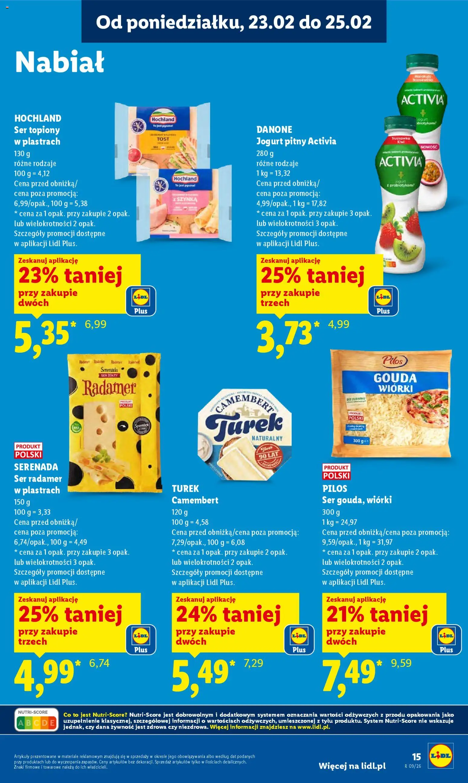Lidl Gazetka od 23.02.2026 | Strona: 15 | Produkty: Ser topiony, Jogurt pitny, Szynka, Camembert