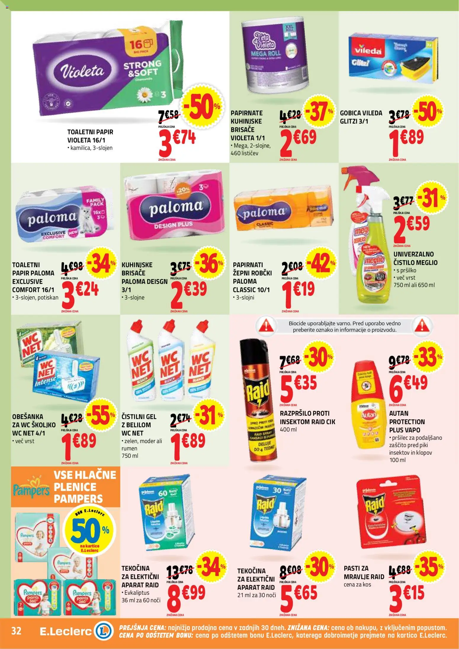 Novi E.leclerc katalog ponudbe – veljaven od 22.04.2026 | Stran: 32 | Izdelki: Plenice, Toaletni papir, Robčki, Kos