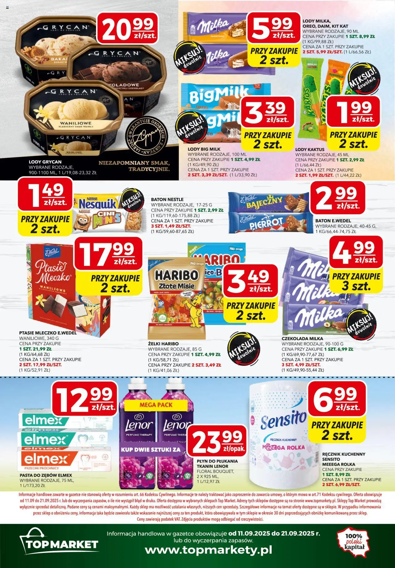 Top Market Gazetka mini od 11.09.2025 | Strona: 4 | Produkty: Lody Grycan, Czekolada milka, Baton, Lody Kaktus