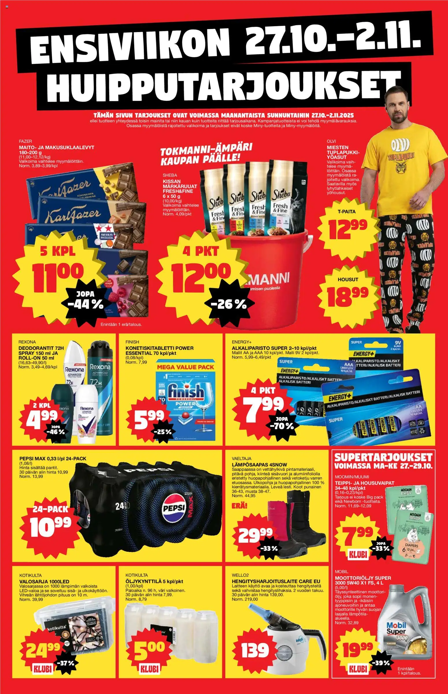 Tokmanni - Ensi viikon huipputarjoukset – voimassa 27.10.2025 alkaen | Sivu: 1 | Tuotteet: Moottoriöljy, Voi, Pepsi, Hengitysharjoituslaite