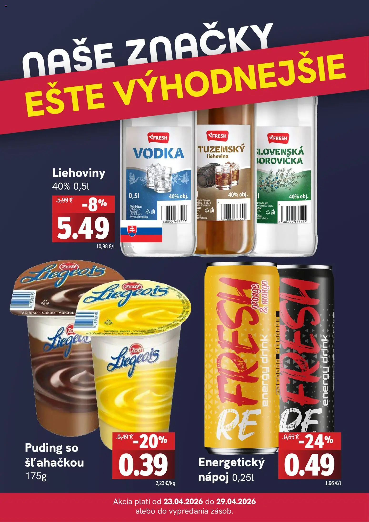 Nové Fresh akcie – leták je platný od 23.04.2026 | Strana: 4 | Produkty: Borovička, Puding, Vodka, Mango