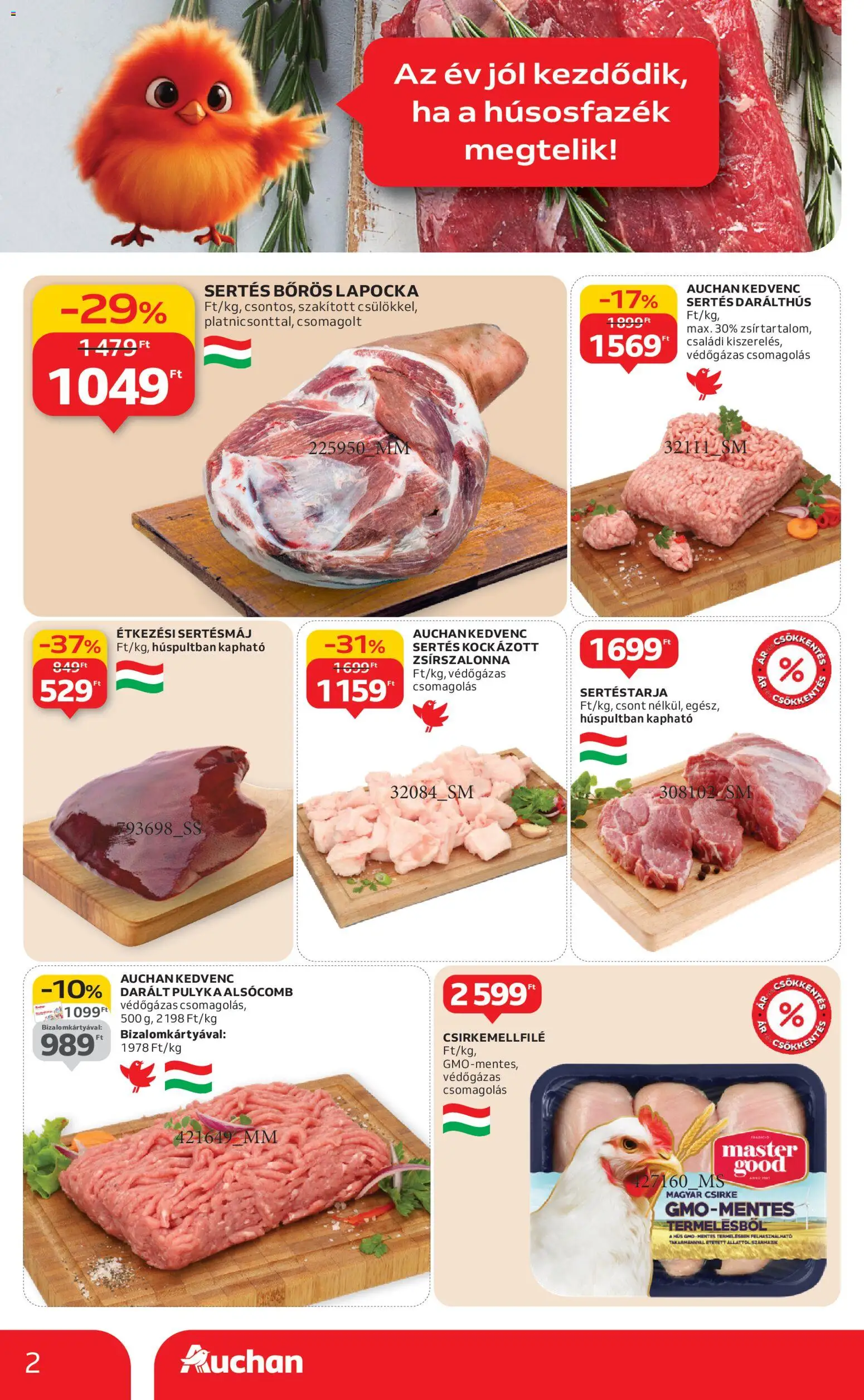 Auchan akciós ujság - amely érvényes a következő dátumtól: 08.01.2026 | Oldal: 2 | Termékek: Sertéstarja, Hús, Sertésmáj