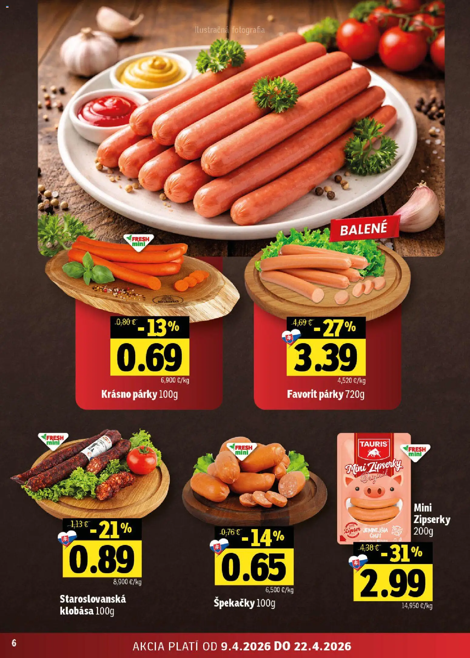 Nové Fresh akcie – leták je platný od 09.04.2026 | Strana: 6 | Produkty: Klobása, Párky