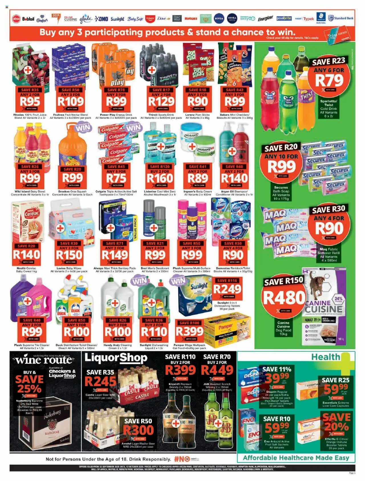 New Checkers catalogue – valid from 22.09.2025 | Page: 3 | Products: Bleach, Soap, Toothpaste, Dairy blend