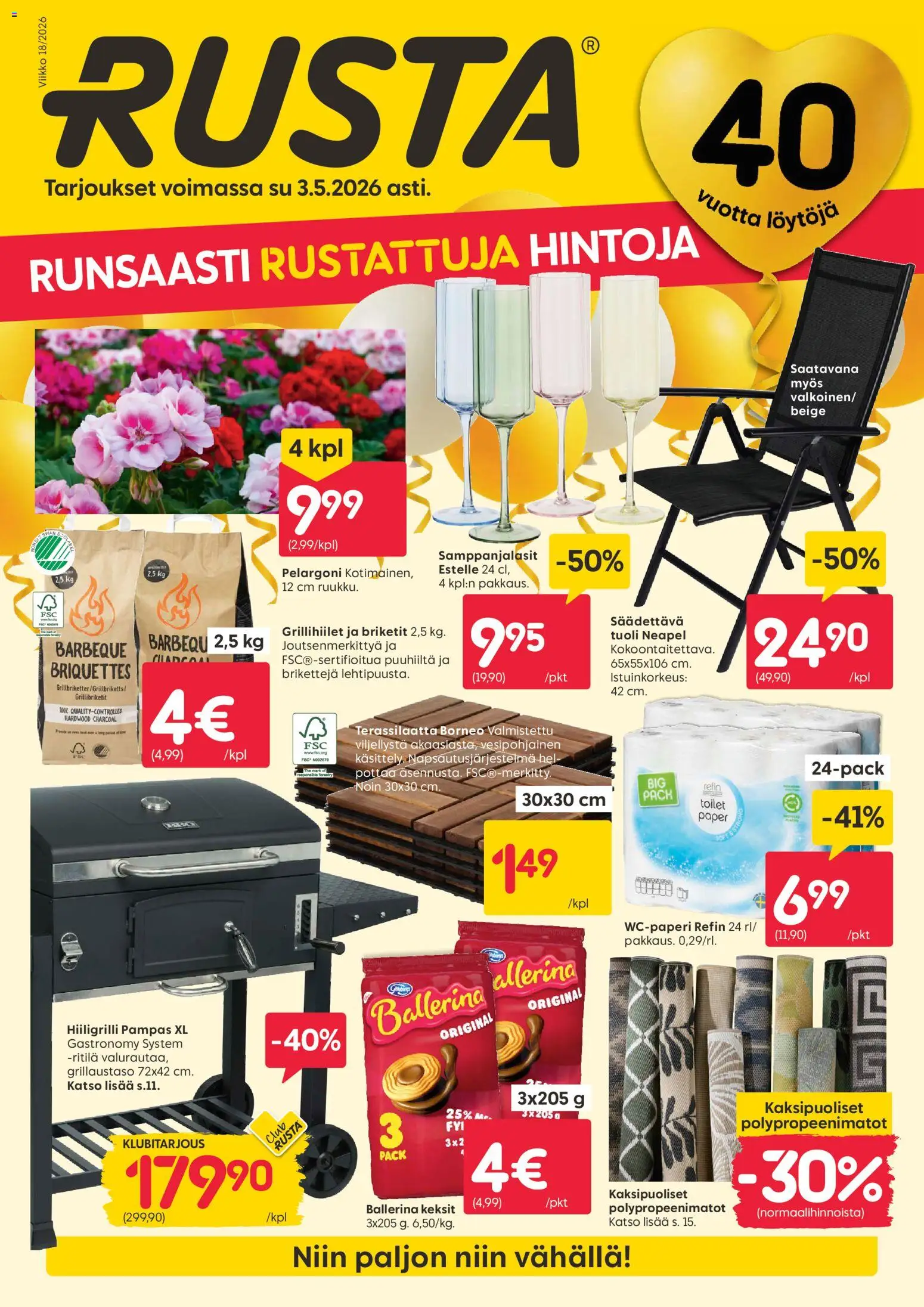 Rusta tarjoukset – voimassa 27.04.2026 alkaen | Sivu: 1 | Tuotteet: Ritilä, Briketit, Keksit, Hiiligrilli