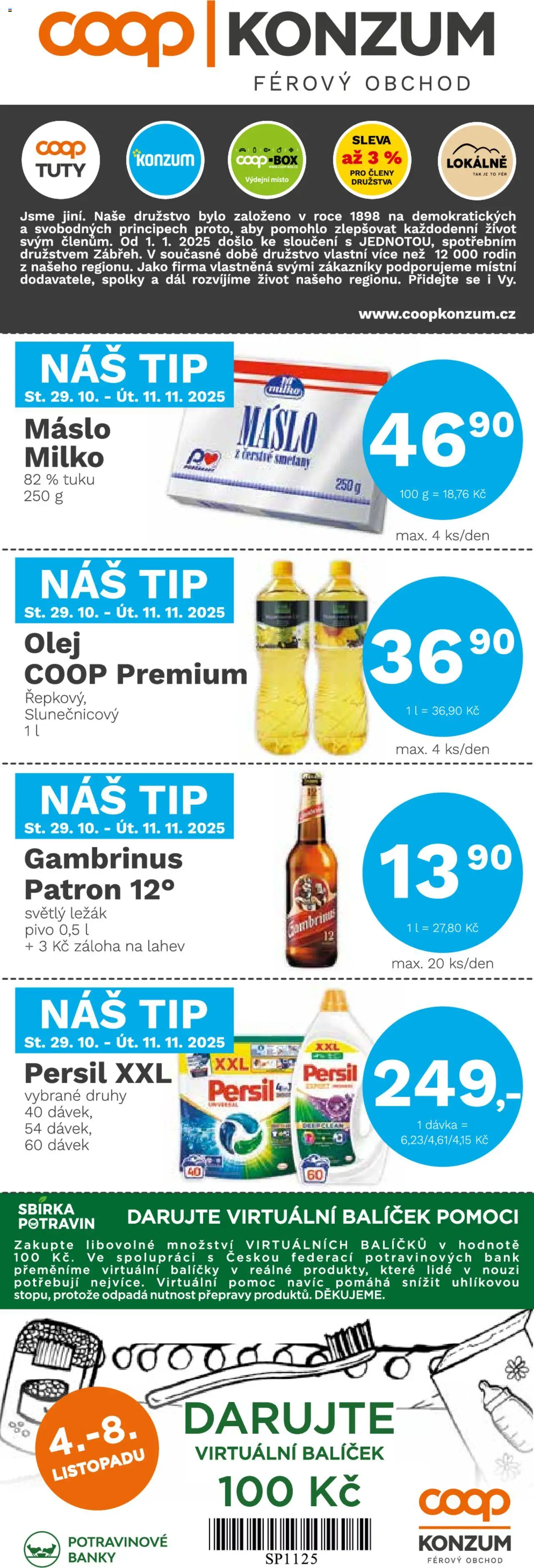 Konzum leták od 29.10.2025 | Strana: 1 | Produkty: Box, Máslo, Olej, Pivo