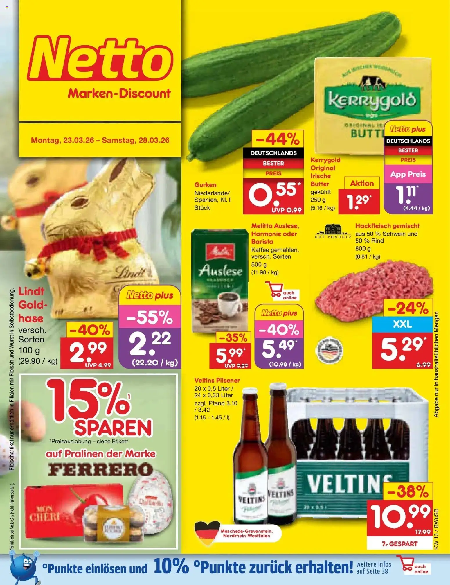 Netto Marken-Discount Prospekt Stemwede-Dielingen	 – gültig ab 23.03.2026 | Seite: 1 | Produkte: Butter, Wurst, Fleisch, Hackfleisch