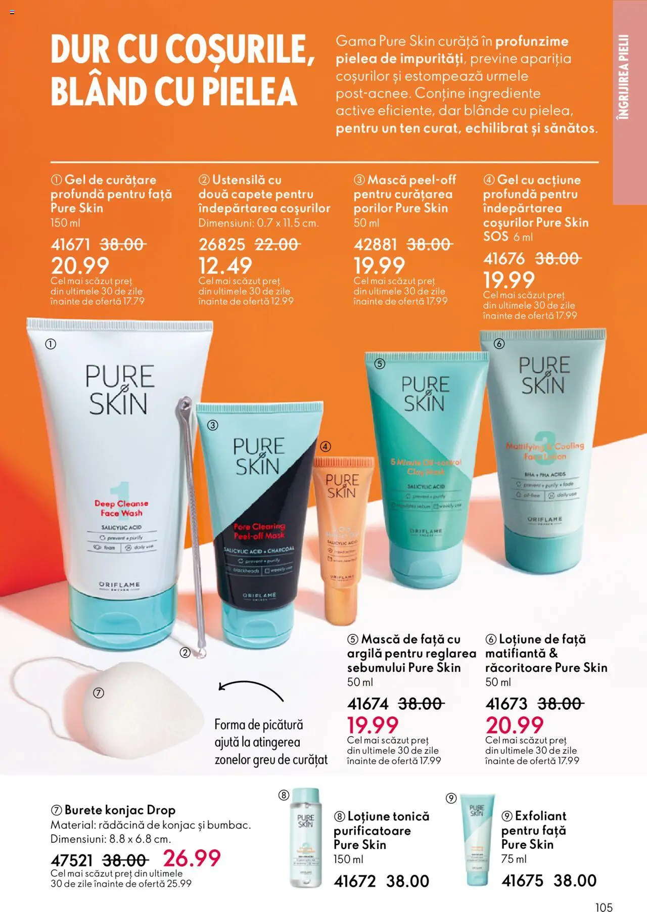 Noul catalog Oriflame – valabil de la 01.10.2025 | Pagină: 105 | Produse: Loțiune tonică, Exfoliant, Gel de curățare, Burete