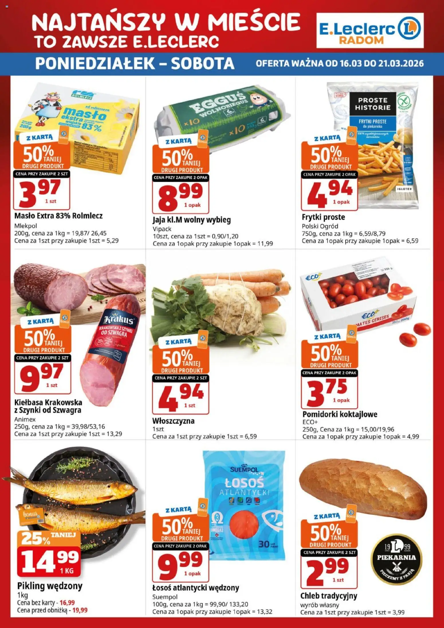 E.Leclerc gazetka - Radom od 16.03.2026 | Strona: 2 | Produkty: Łosoś atlantycki, Łosoś, Masło, Frytki