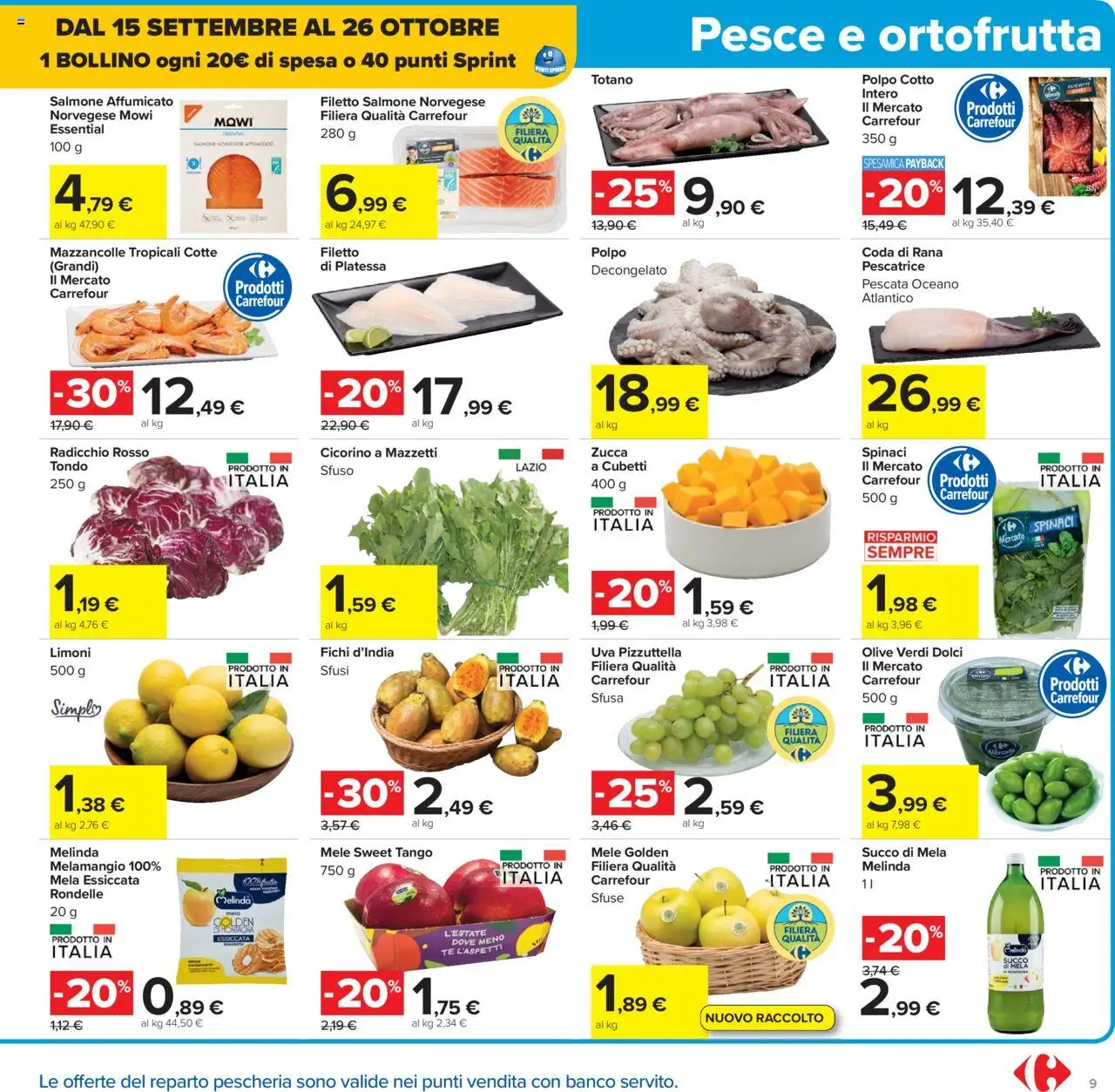 Volantino Carrefour del 26.09.2025 | Pagina: 9 | Prodotti: Salmone affumicato, Succo, Mele, Uva