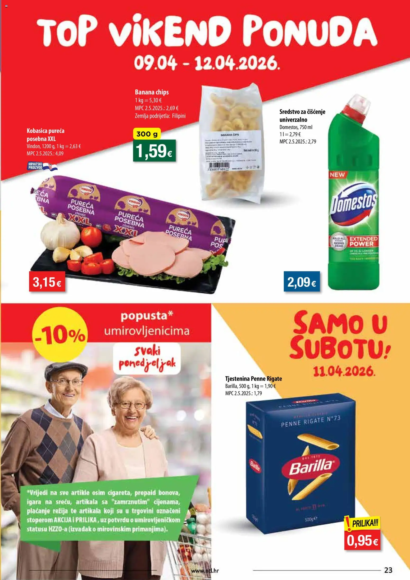 NTL katalog | vrijedi od 08.04.2026 | Stranica: 23 | Proizvodi: Tjestenina, Domestos, Kobasica, Barilla