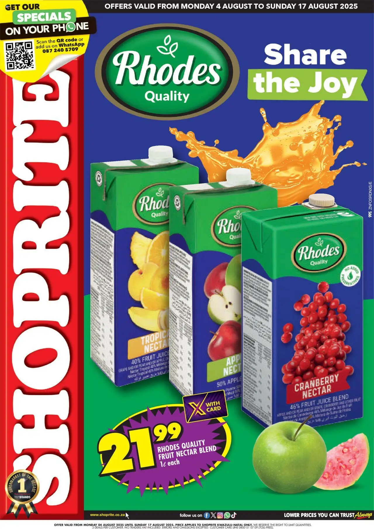 Shoprite KwaZulu-Natal - Rhodes Savings │ valid from 04.08.2025 | Page: 1 | Products: Phone, Juice, Fruit