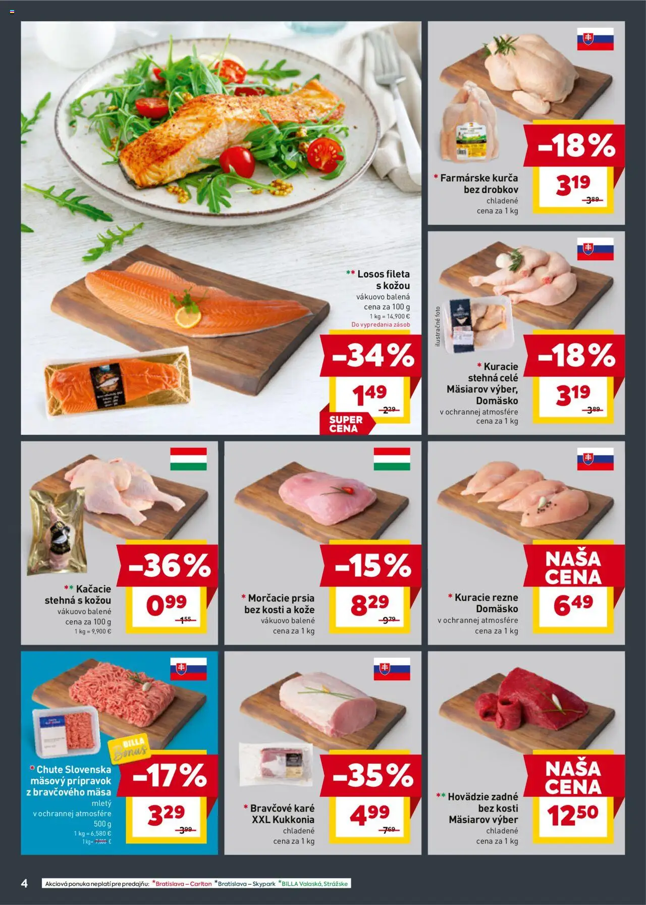 Billa leták │ platný od 23.07.2025 | Strana: 4 | Produkty: Kuracie rezne, Kuracie stehná, Losos, Bravčové karé