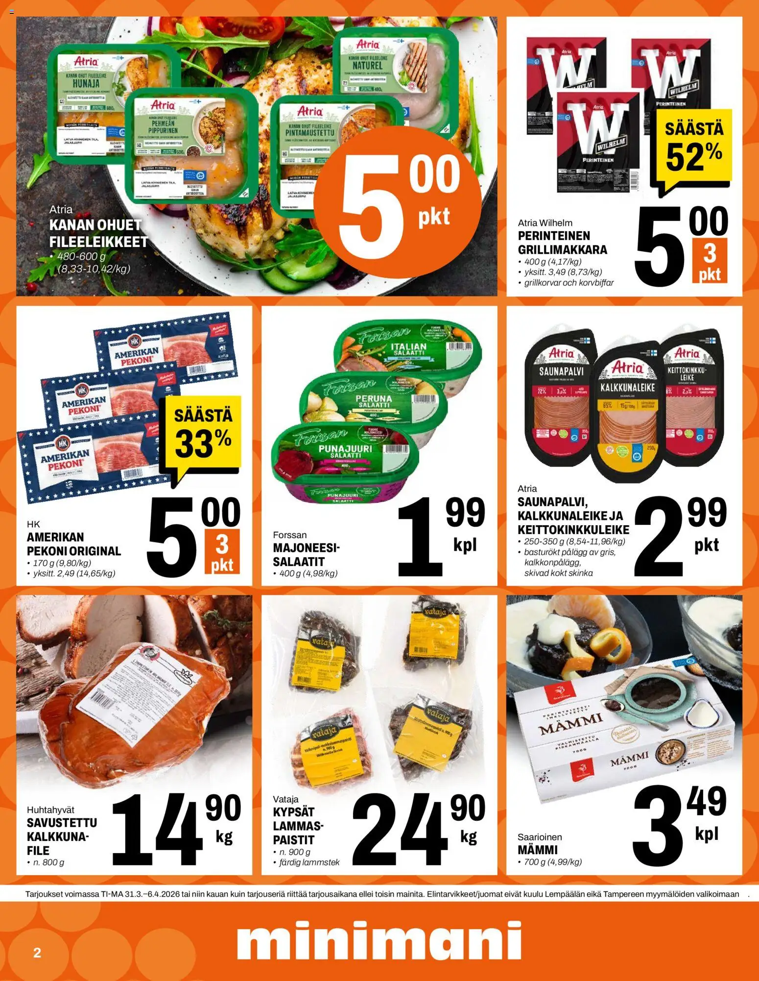 Minimani tarjoukset – voimassa 31.03.2026 alkaen | Sivu: 2 | Tuotteet: Majoneesi, Pekoni, Salaatti, Punajuuri