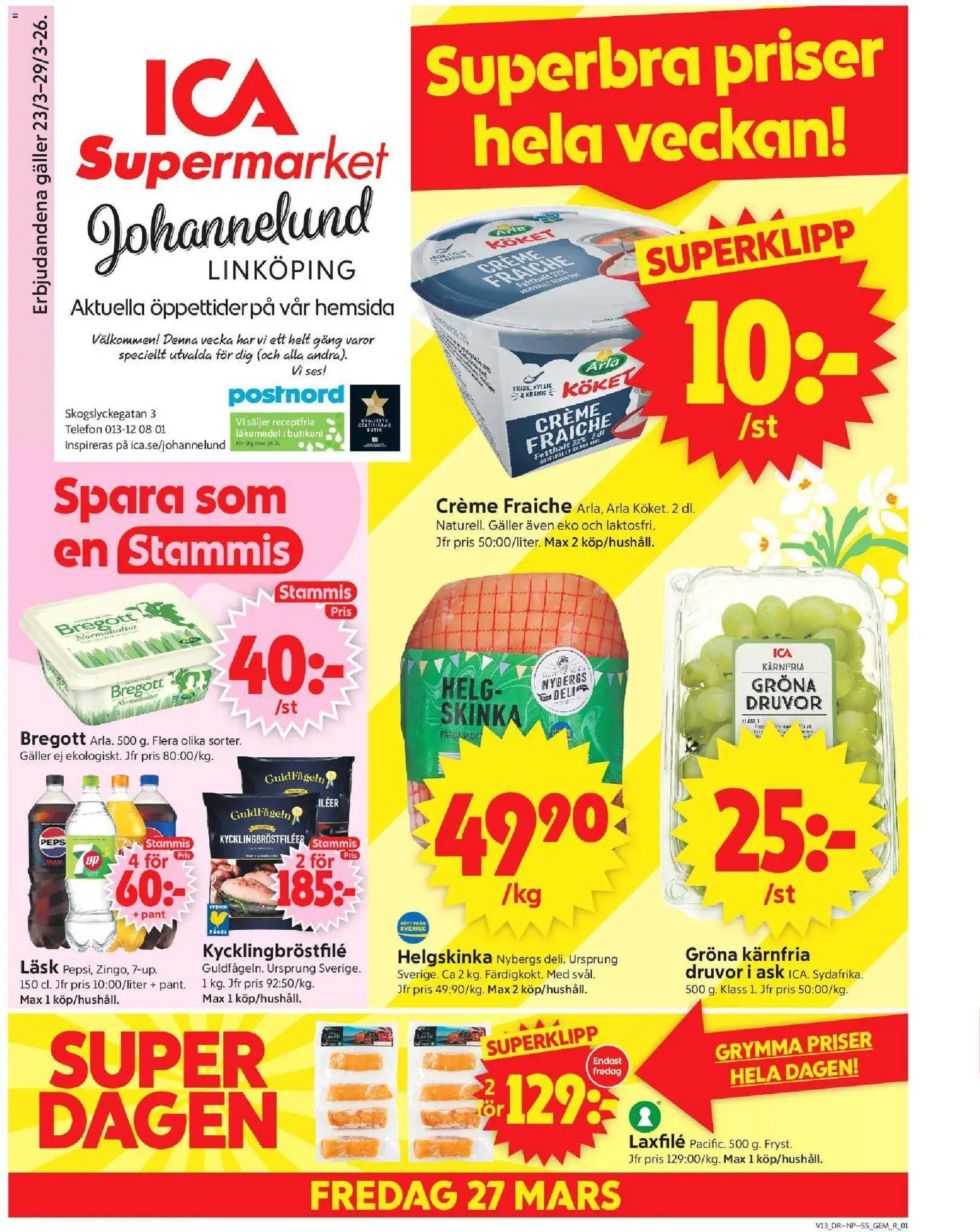 ICA Supermarket reklamblad aktuell från 23.03.2026 | Sida: 1 | Produkter: Gem, Galler, Bregott, Skinka